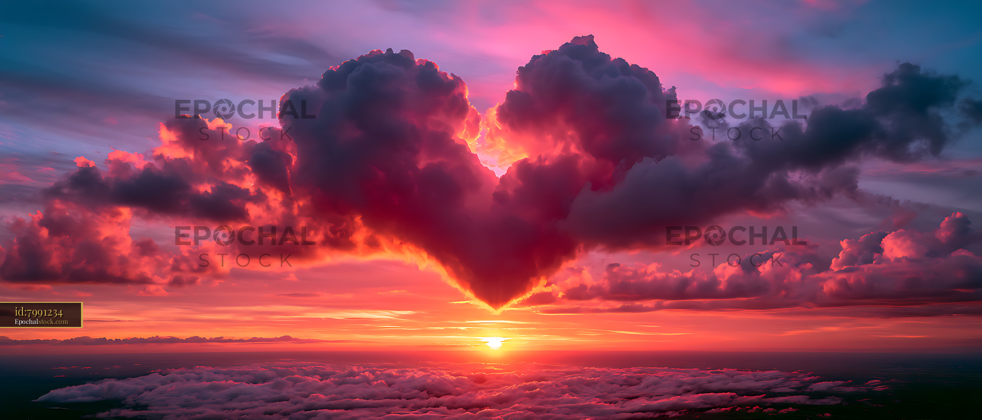 Watermarked full-resolution preview of Vibrant sunset and towering clouds over a cloud layer