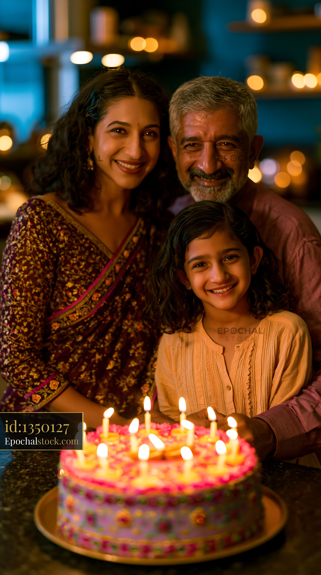 Watermarked full-resolution preview of Smiling family gathered around a birthday cake