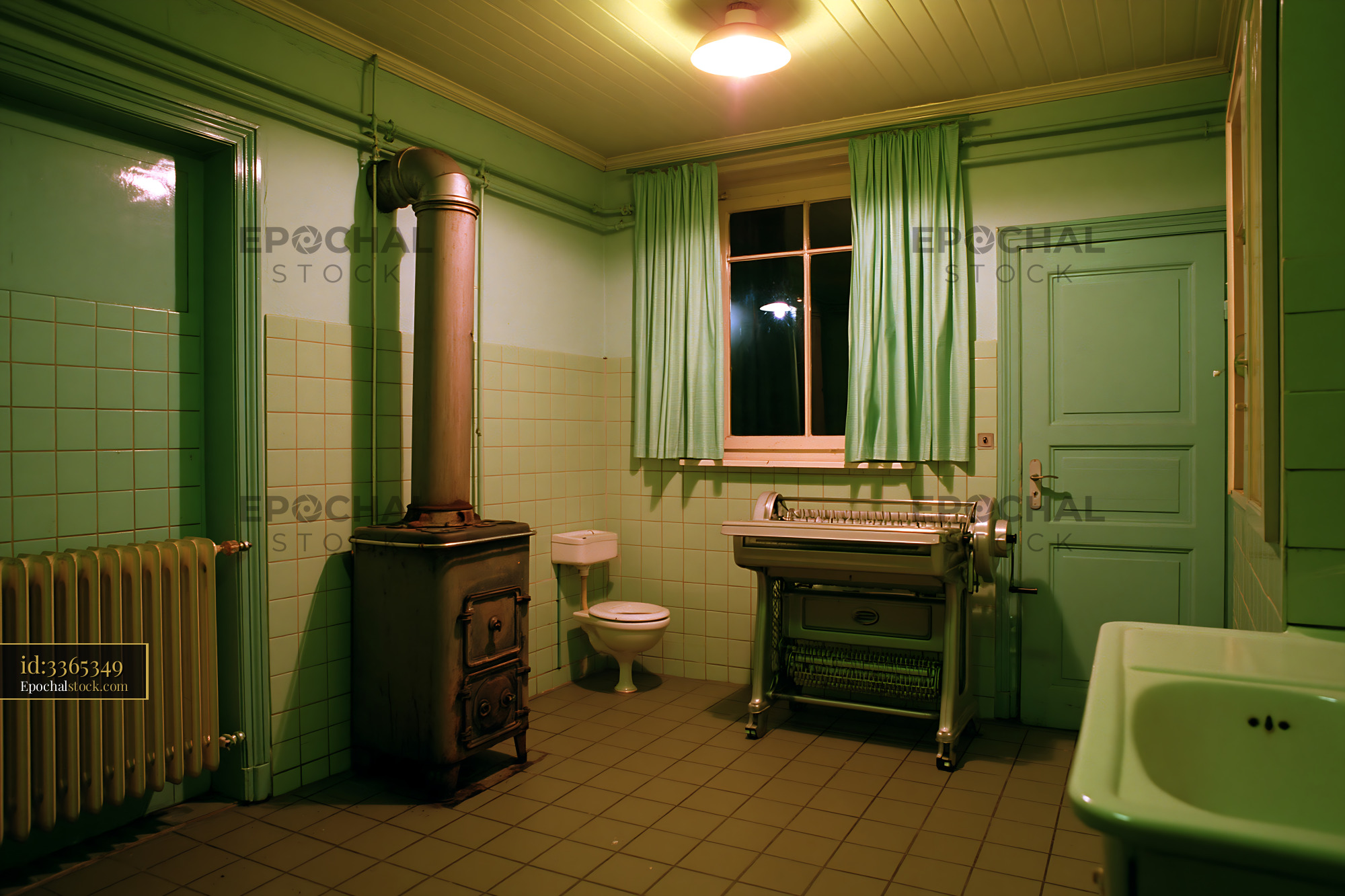 Watermarked full-resolution preview of Old bathroom with green walls and vintage appliances