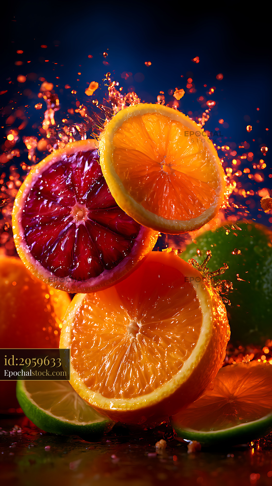 Watermarked full-resolution preview of Vibrant citrus fruit with dynamic splash