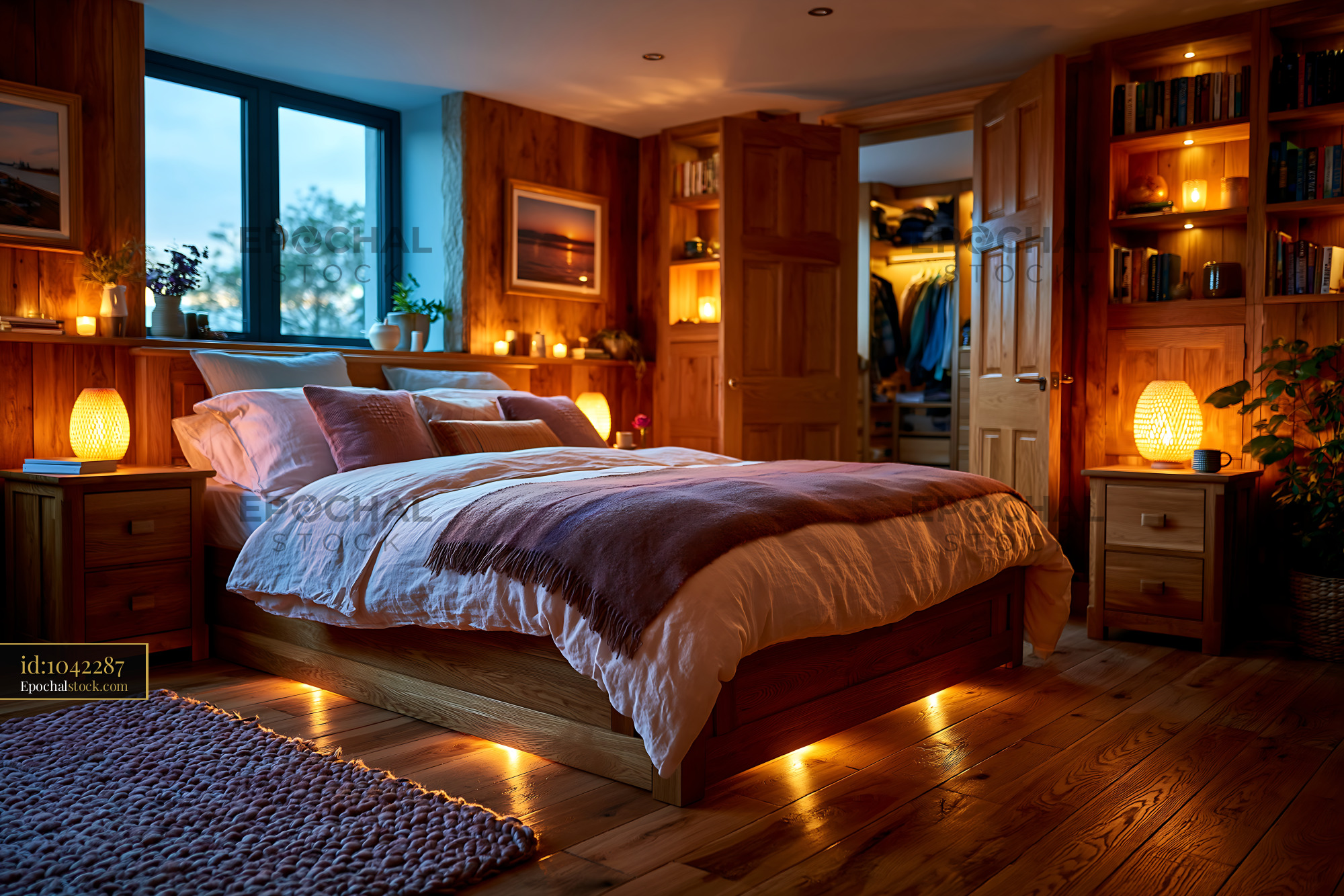 Watermarked full-resolution preview of Cozy bedroom with warm lighting and wooden furniture