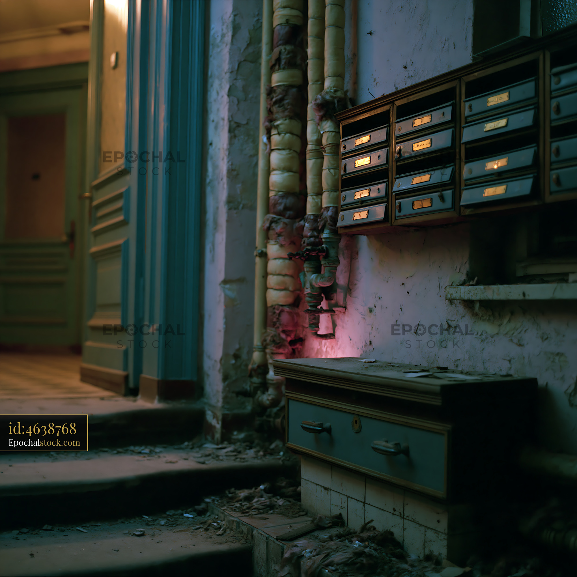 Watermarked full-resolution preview of Old building entrance with mailboxes and peeling paint