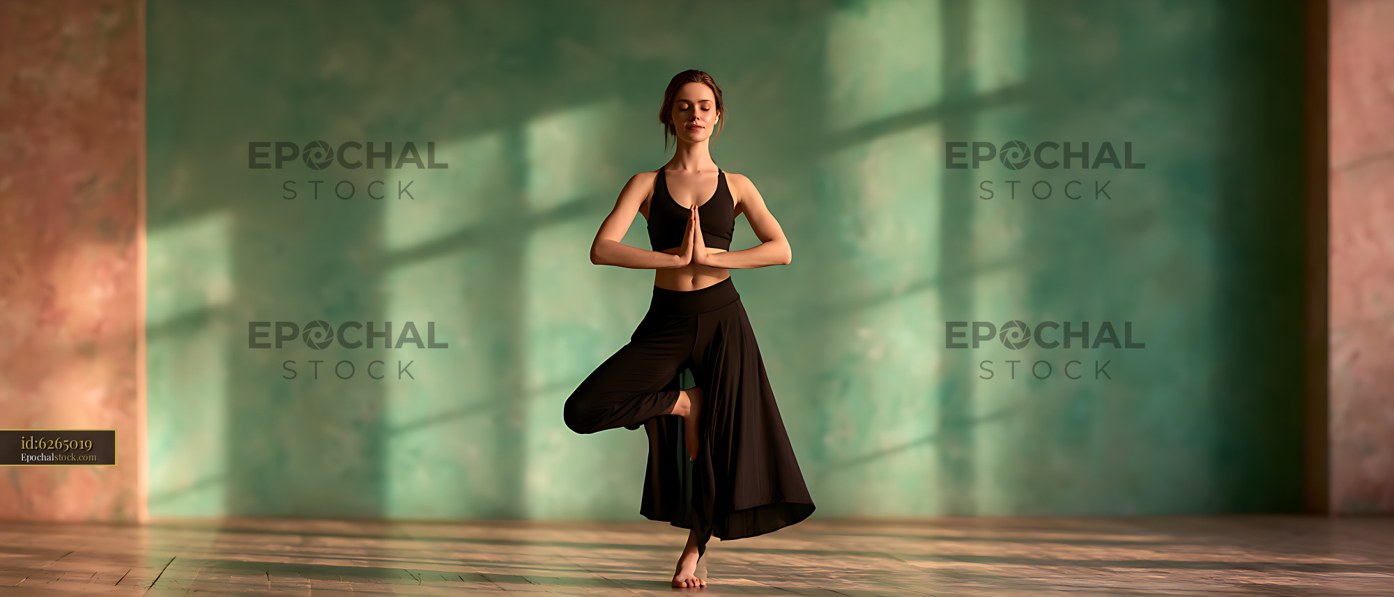 Watermarked full-resolution preview of Woman holding a balanced yoga pose indoors