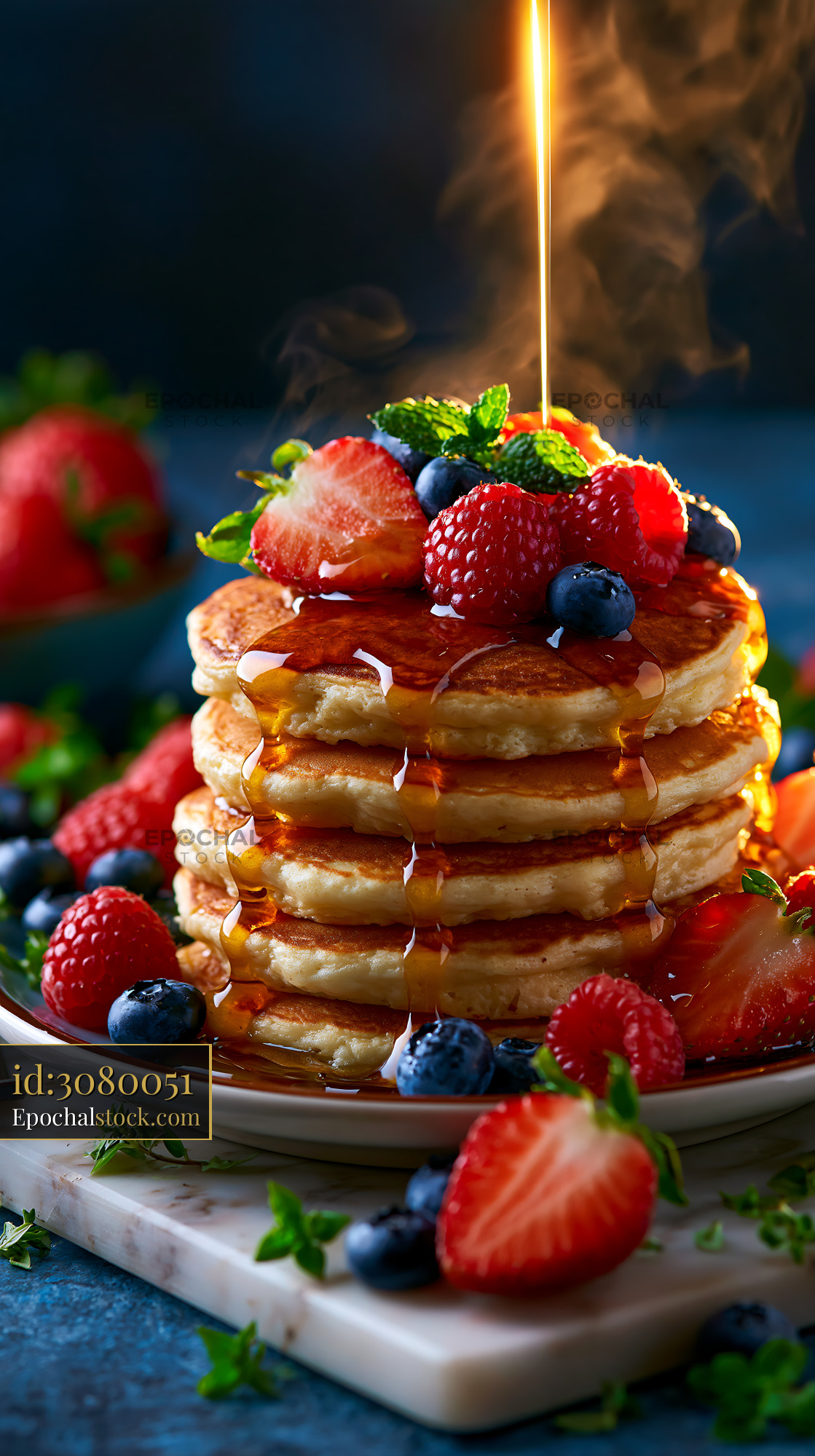 Watermarked full-resolution preview of Pancakes stacked high with syrup and fresh berries