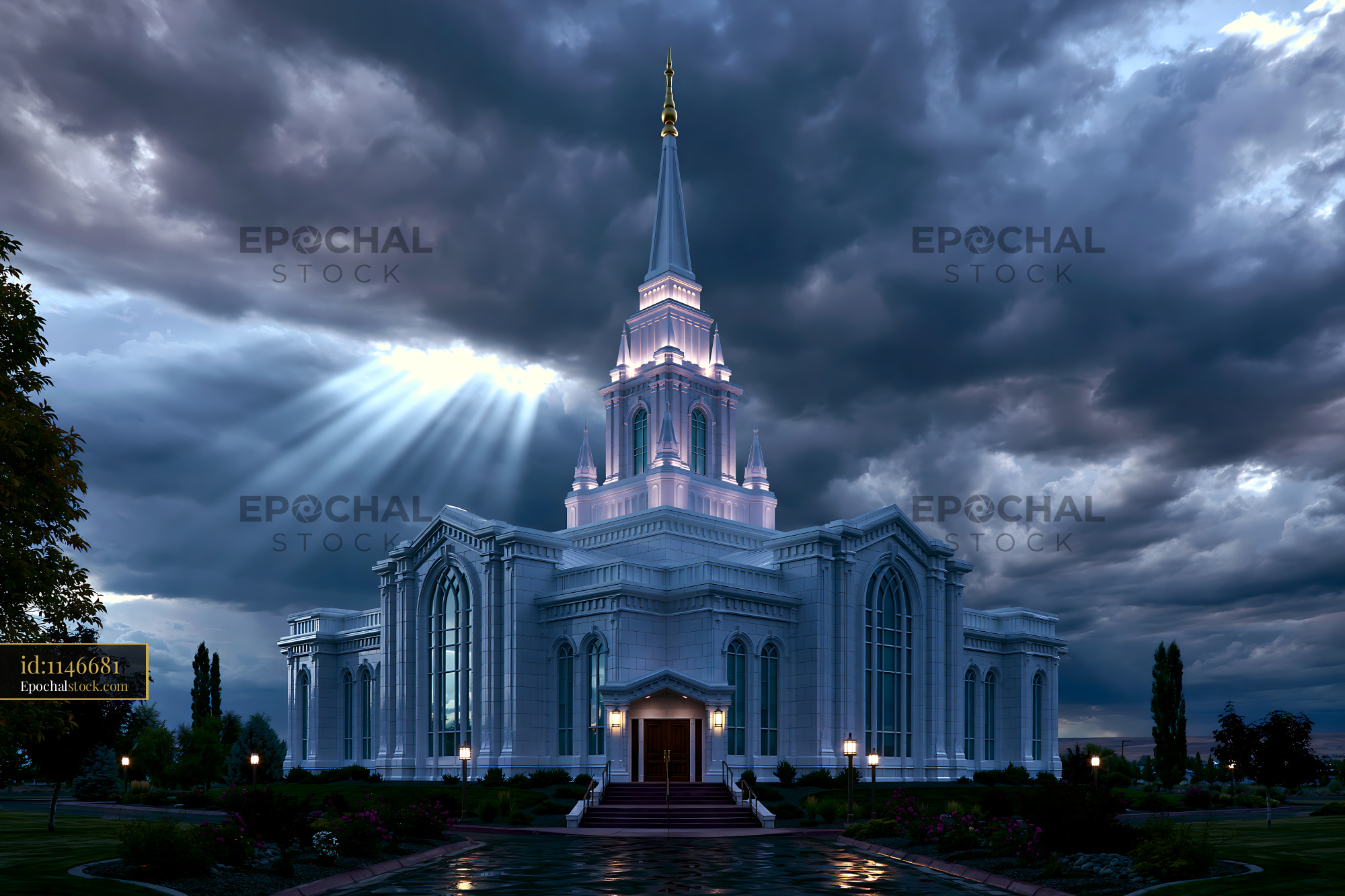 Watermarked full-resolution preview of Dark clouds surround a temple with bright rays of light shining down