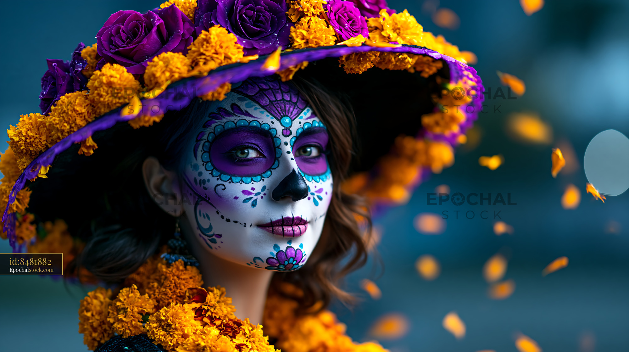 Watermarked full-resolution preview of Woman in colorful traditional dress at a festival in the evening