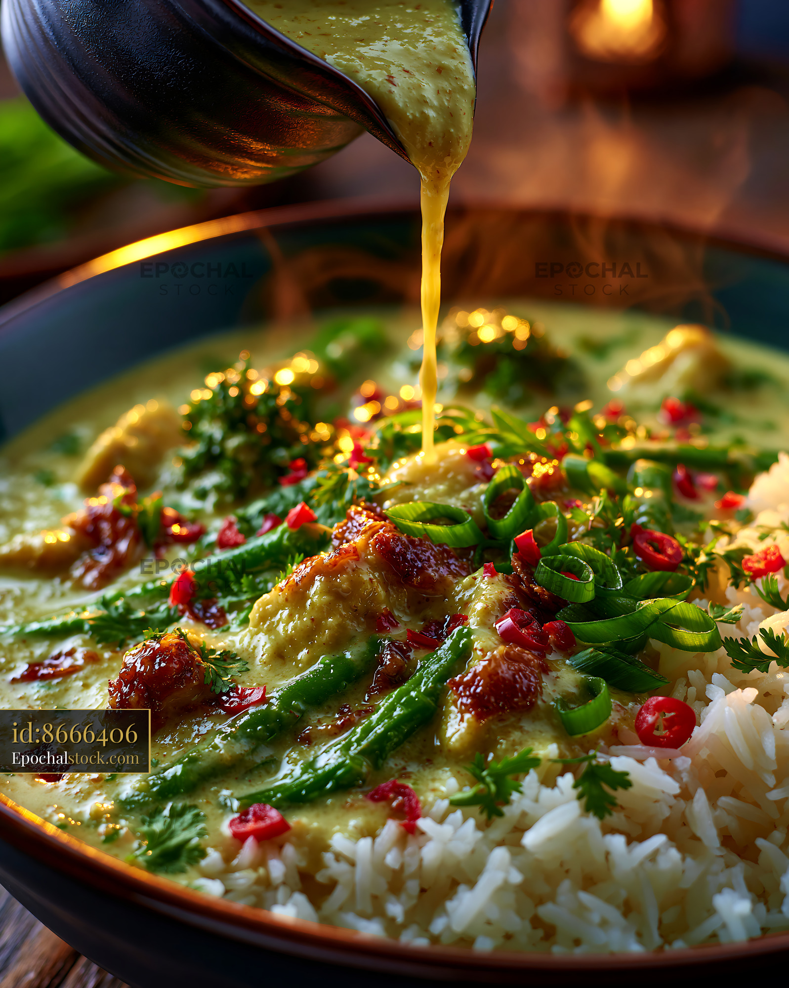 Watermarked full-resolution preview of Delicious curry dish served with rice and fresh herbs