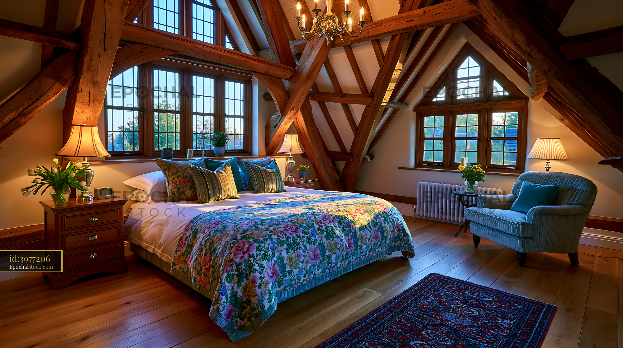 Watermarked full-resolution preview of Cozy bedroom with wooden beams and large windows