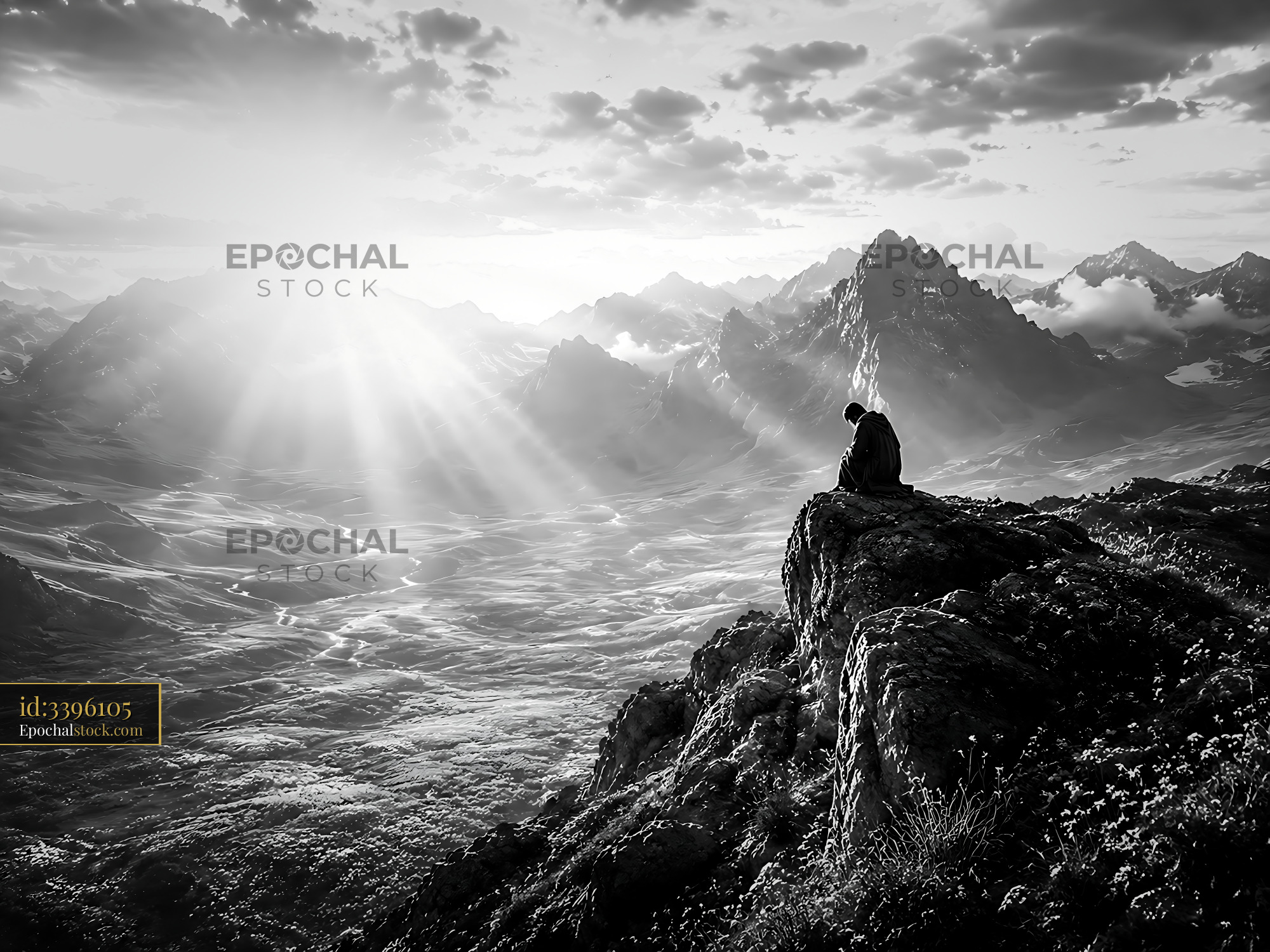 Person Sitting on a Rock Overlooking a Valley With Mountains - stock photo