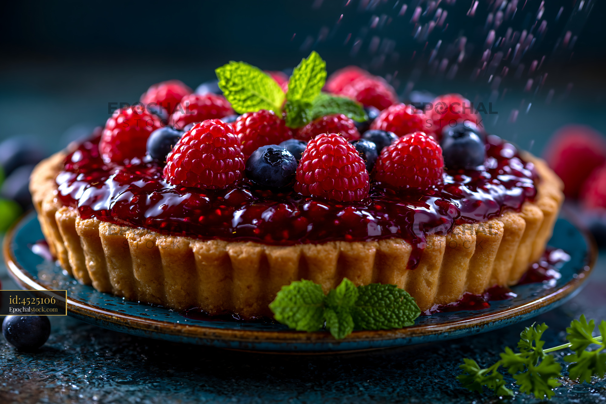 Watermarked full-resolution preview of Berry tart with fresh fruit on a blue plate