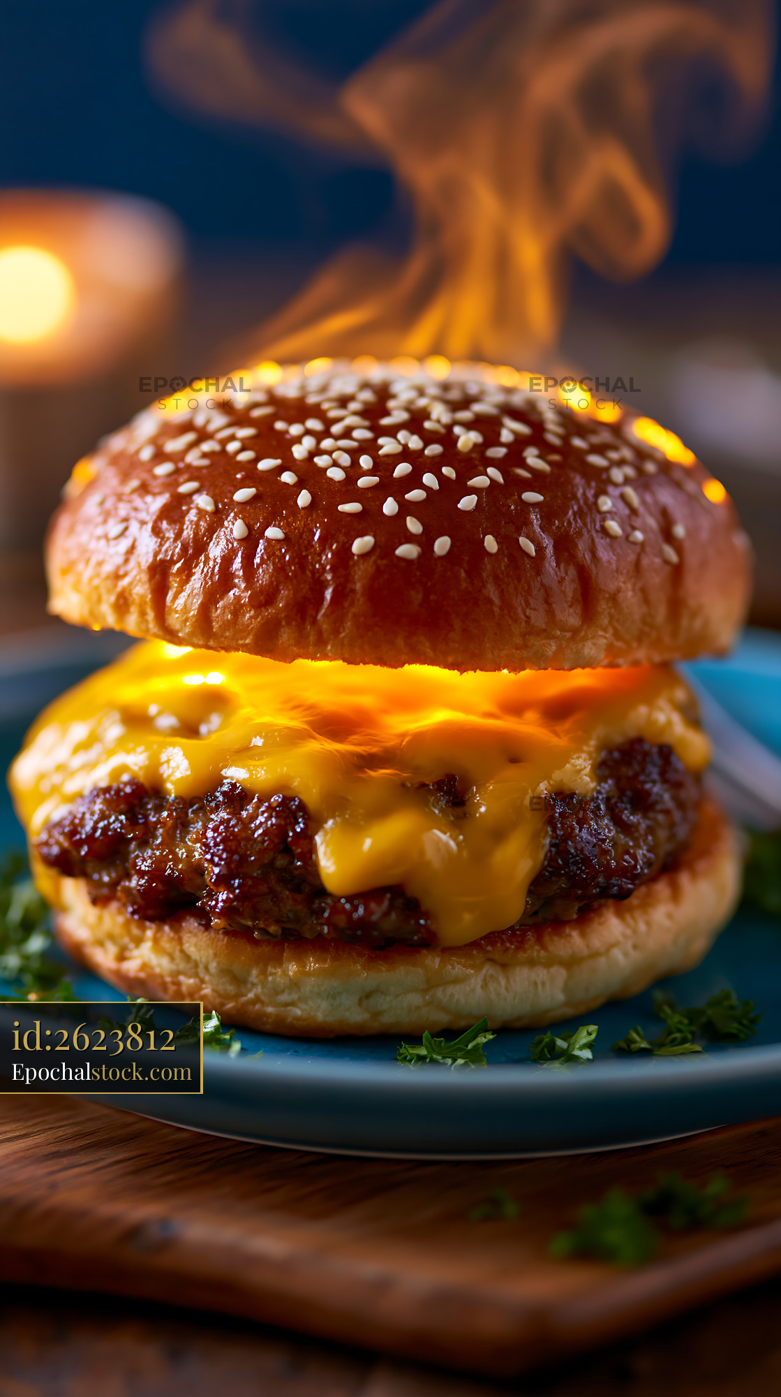 Watermarked full-resolution preview of Delicious burger with melted cheese served on a plate
