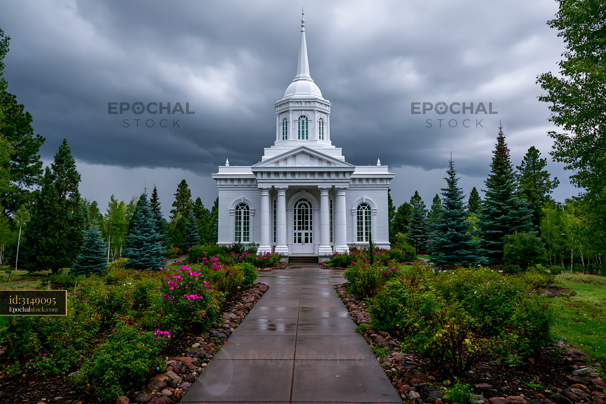 Watermarked full-resolution preview of White church building surrounded by greenery and dark clouds