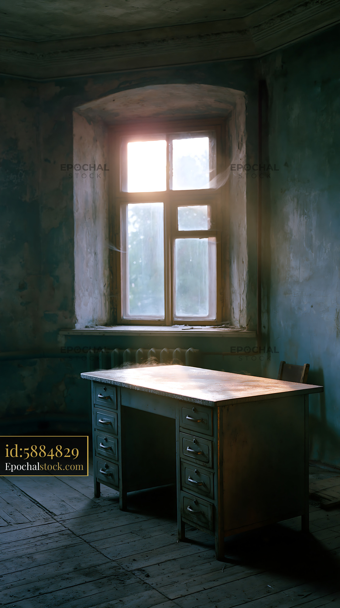 Watermarked full-resolution preview of Abandoned room with a wooden desk and a window