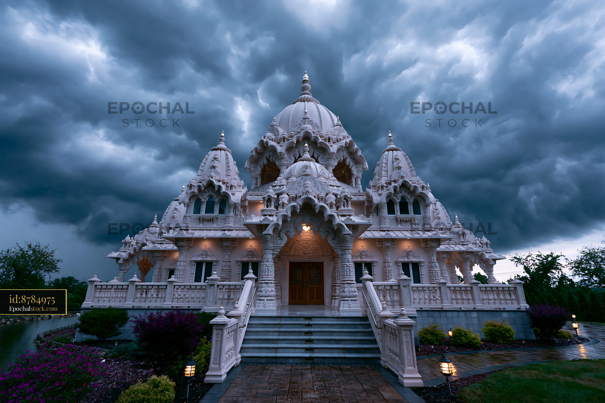 Watermarked full-resolution preview of Beautiful temple under dark stormy clouds