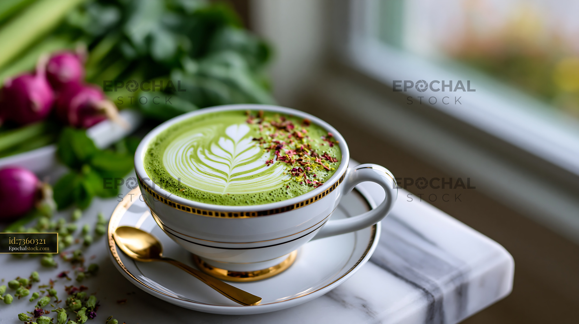 Watermarked full-resolution preview of Matcha latte with pistachios and radishes on a marble countertop