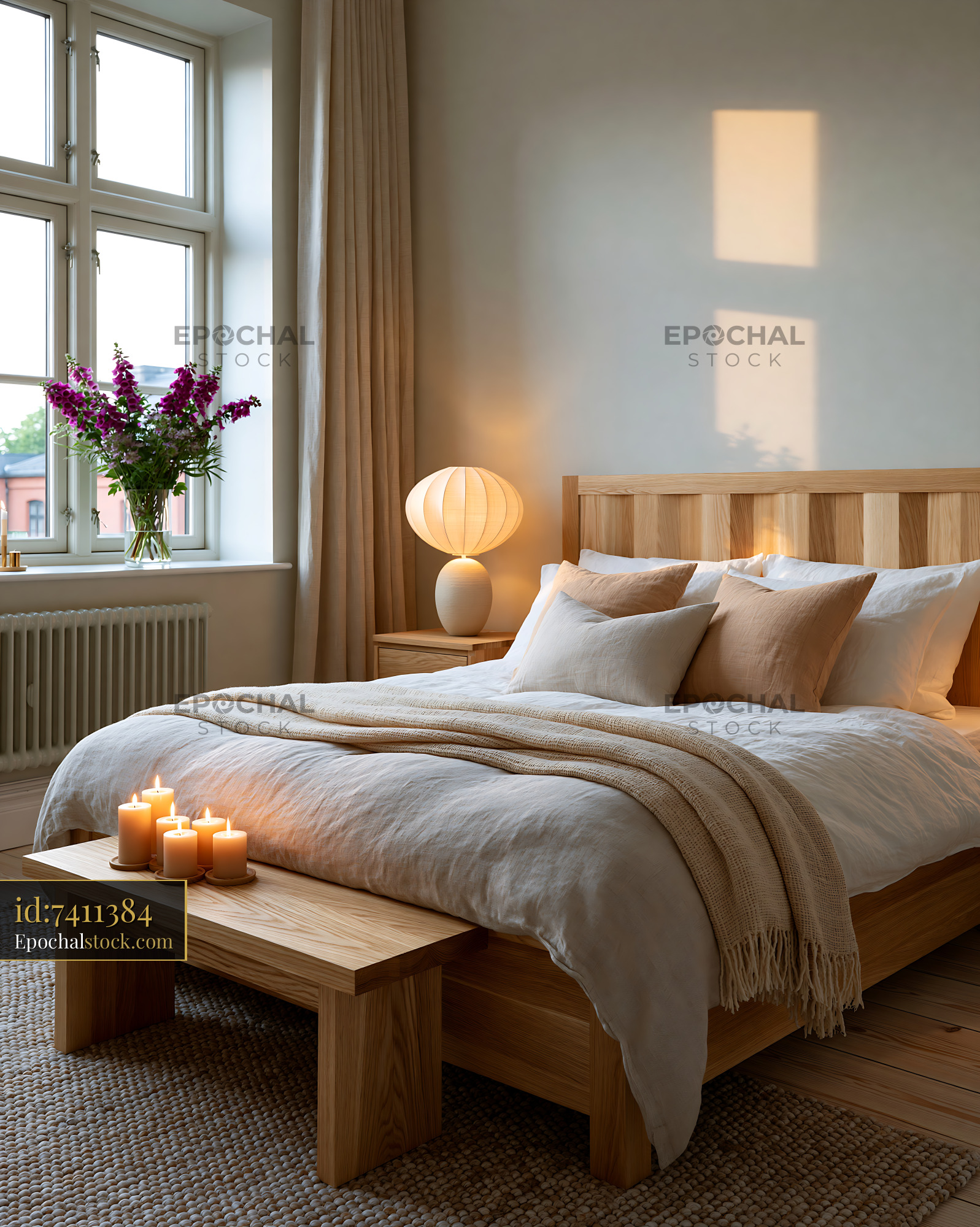 Watermarked full-resolution preview of Cozy bedroom with candles and natural light in a warm setting