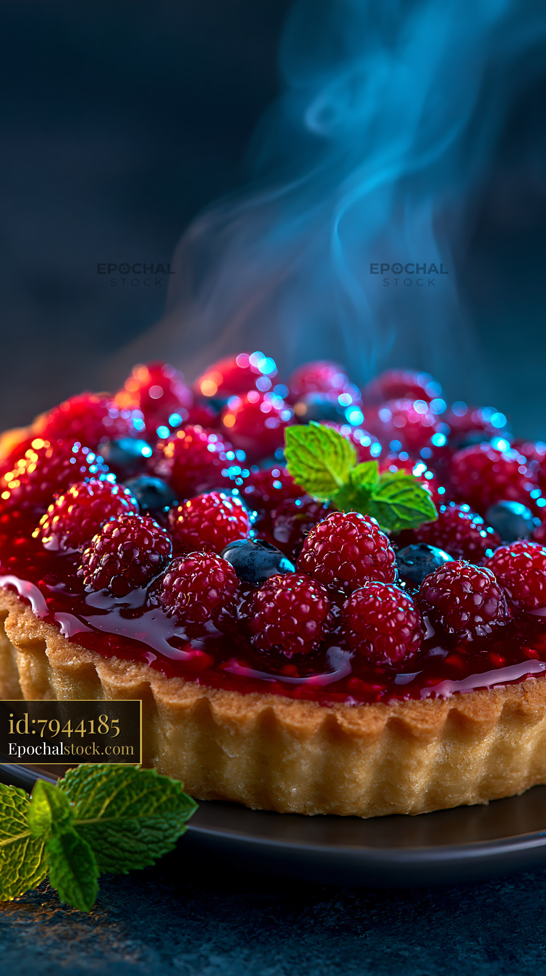 Watermarked full-resolution preview of Fresh raspberry tart with steaming glaze on a dark background