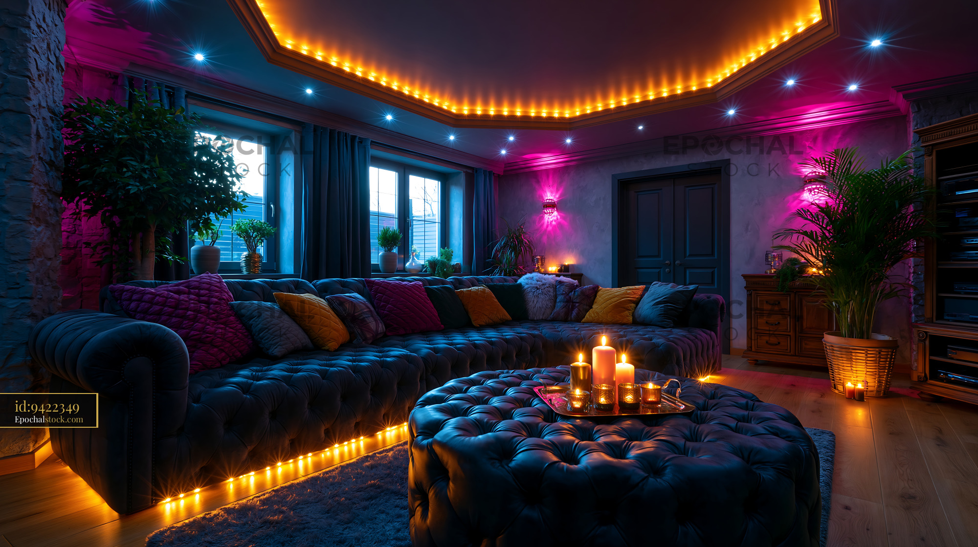 Watermarked full-resolution preview of Cozy living room with colorful lights and candles in the evening