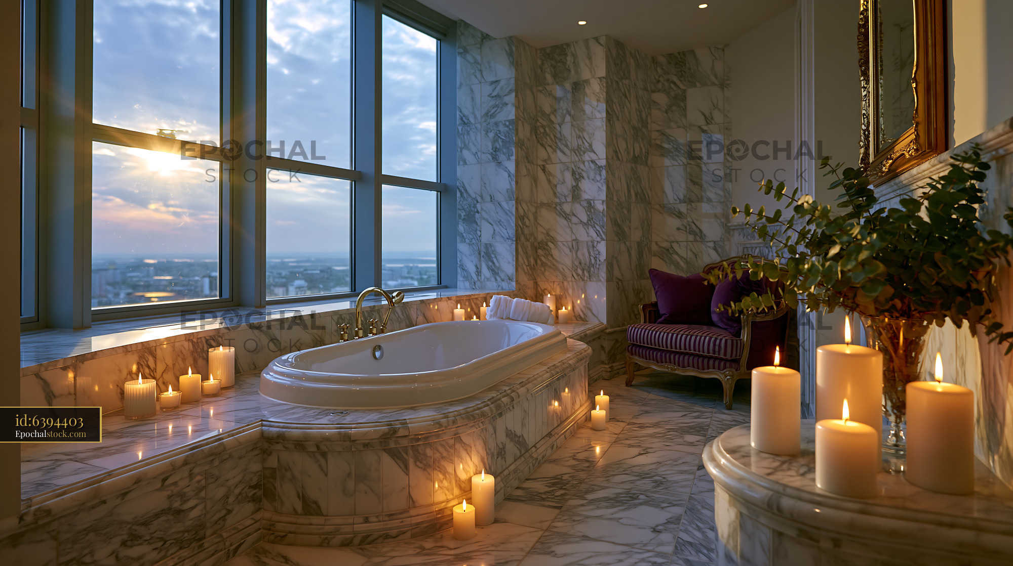 Watermarked full-resolution preview of Luxury bathroom with candles and a view of the city at sunset