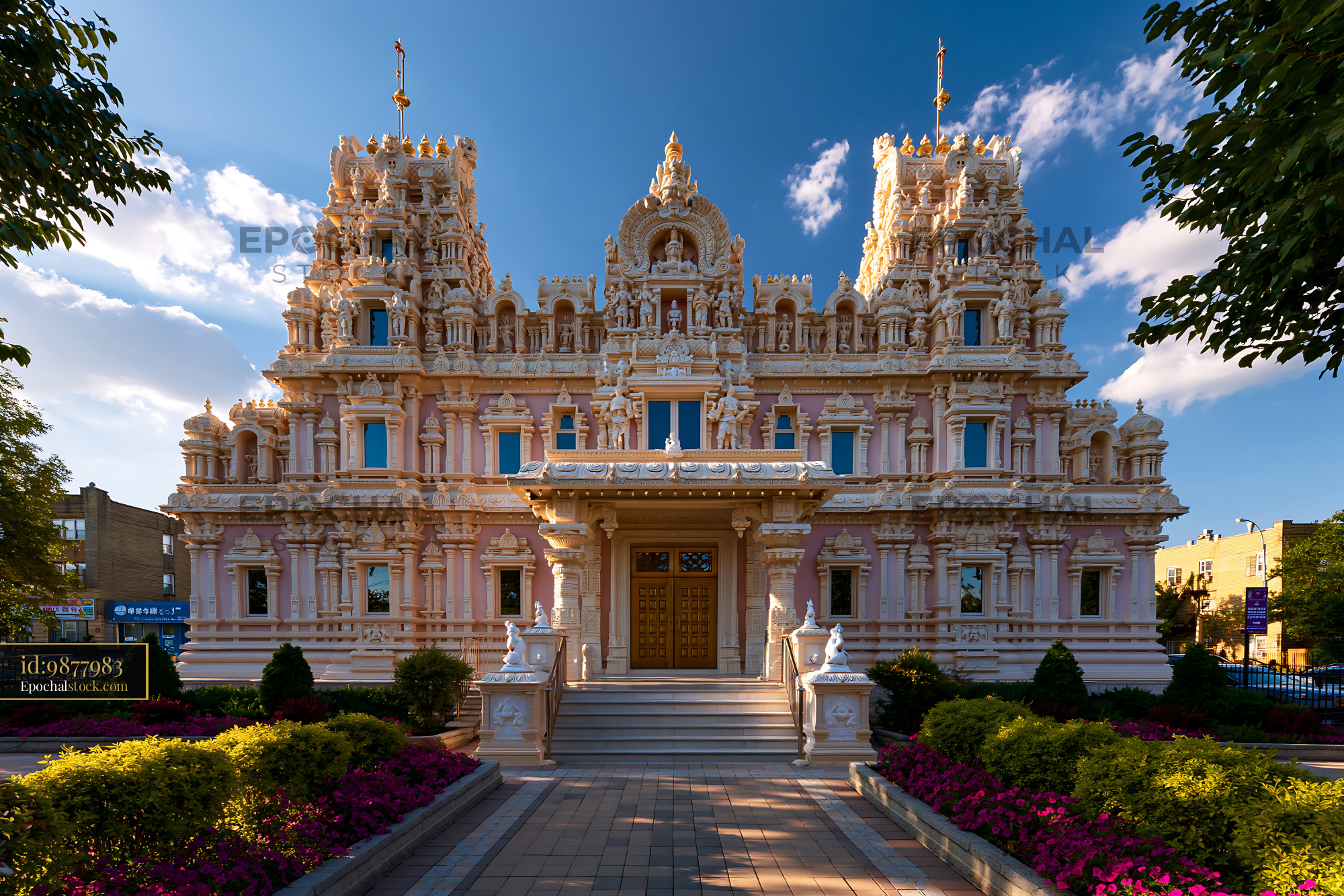 Watermarked full-resolution preview of Intricate architecture of a temple against a blue sky