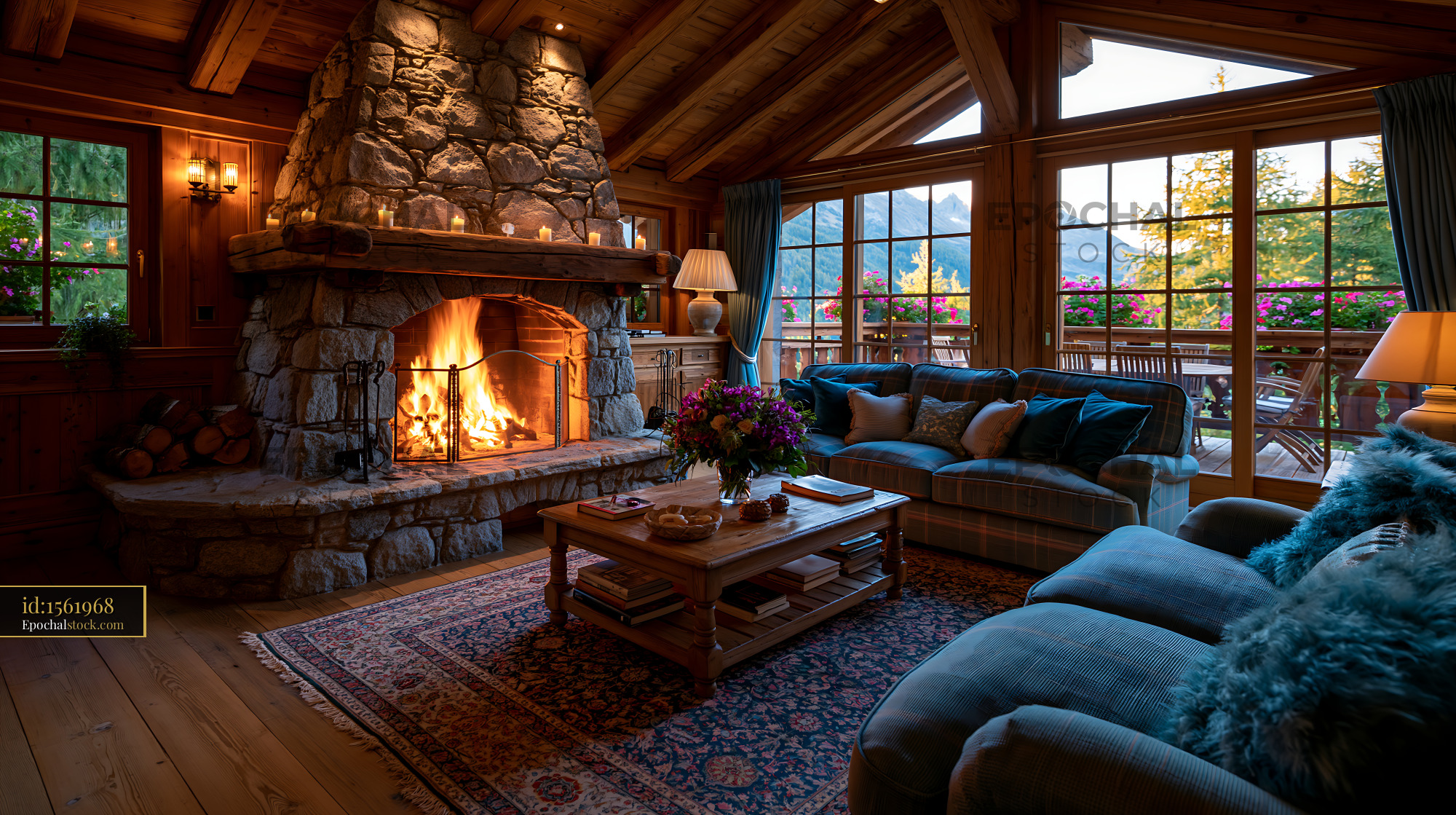Watermarked full-resolution preview of Cozy living room with a stone fireplace and wooden decor