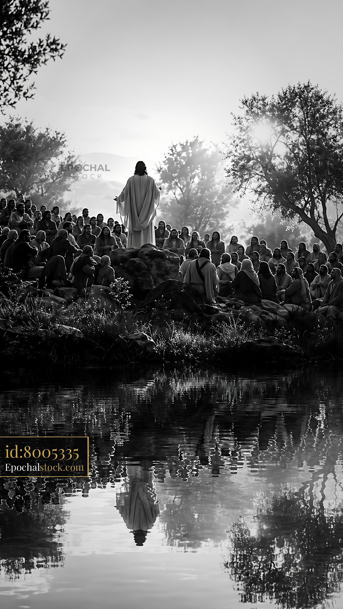 Watermarked full-resolution preview of Crowd gathered by water listening to man in white robes