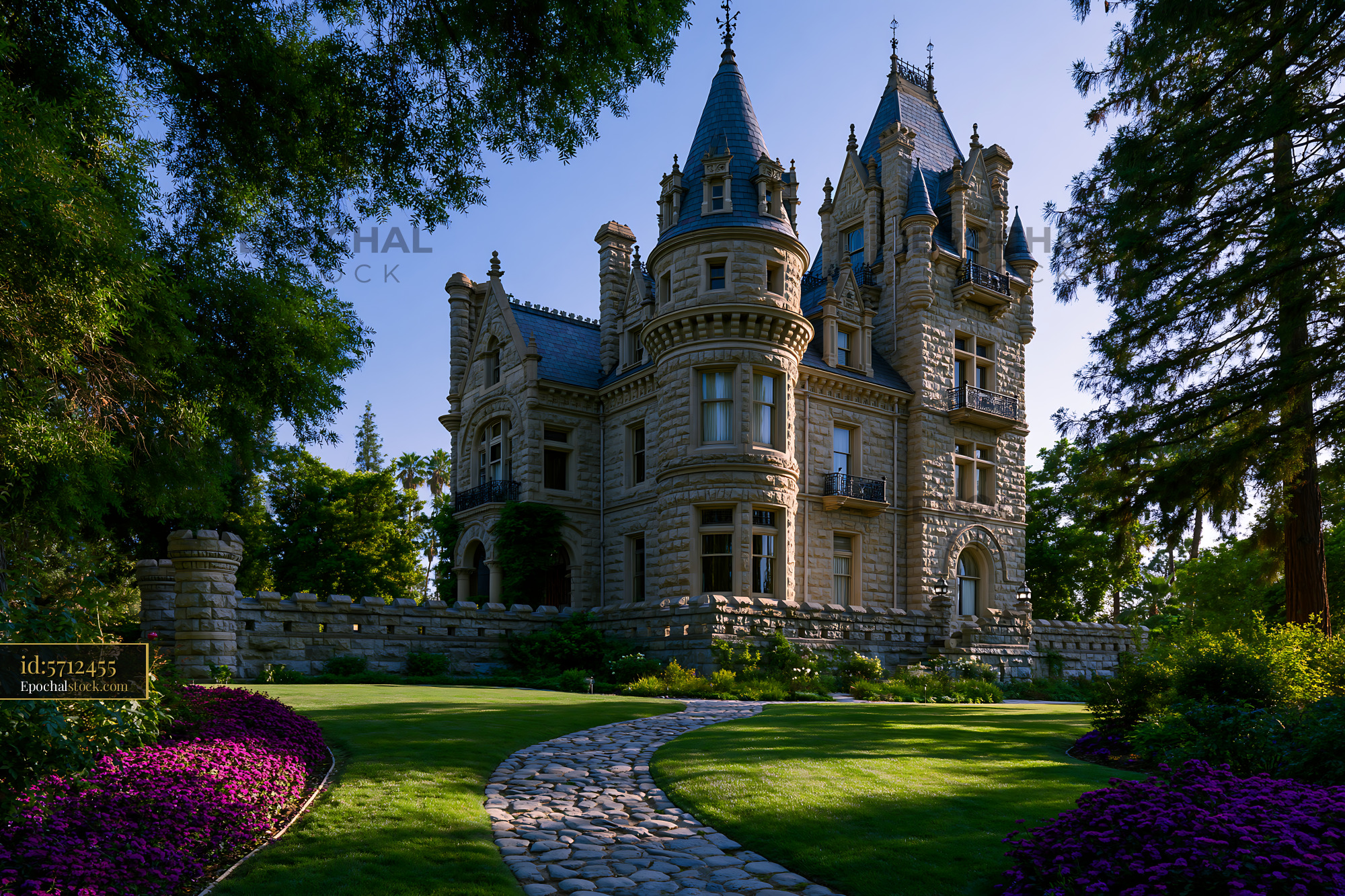 Watermarked full-resolution preview of Historic castle with lush garden and stone pathway