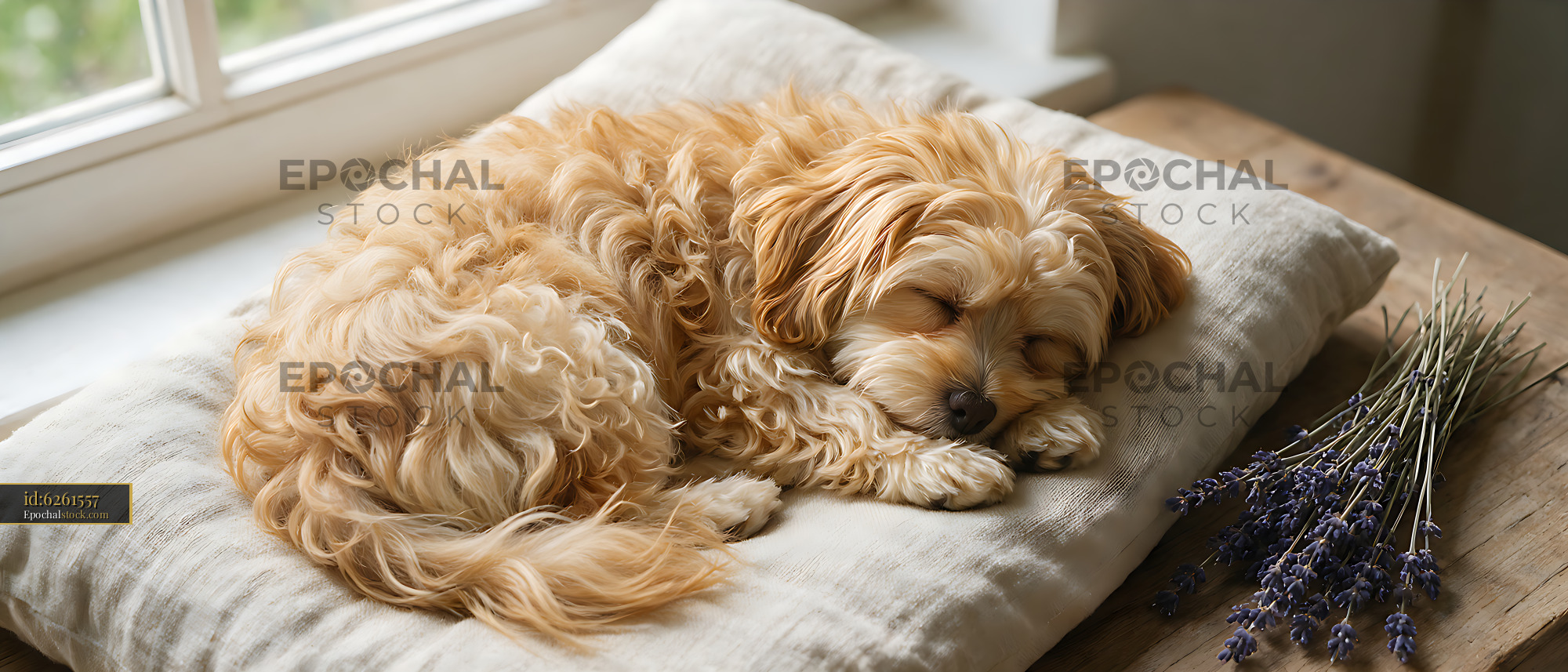 Watermarked full-resolution preview of Sleeping curly puppy resting on a soft cushion