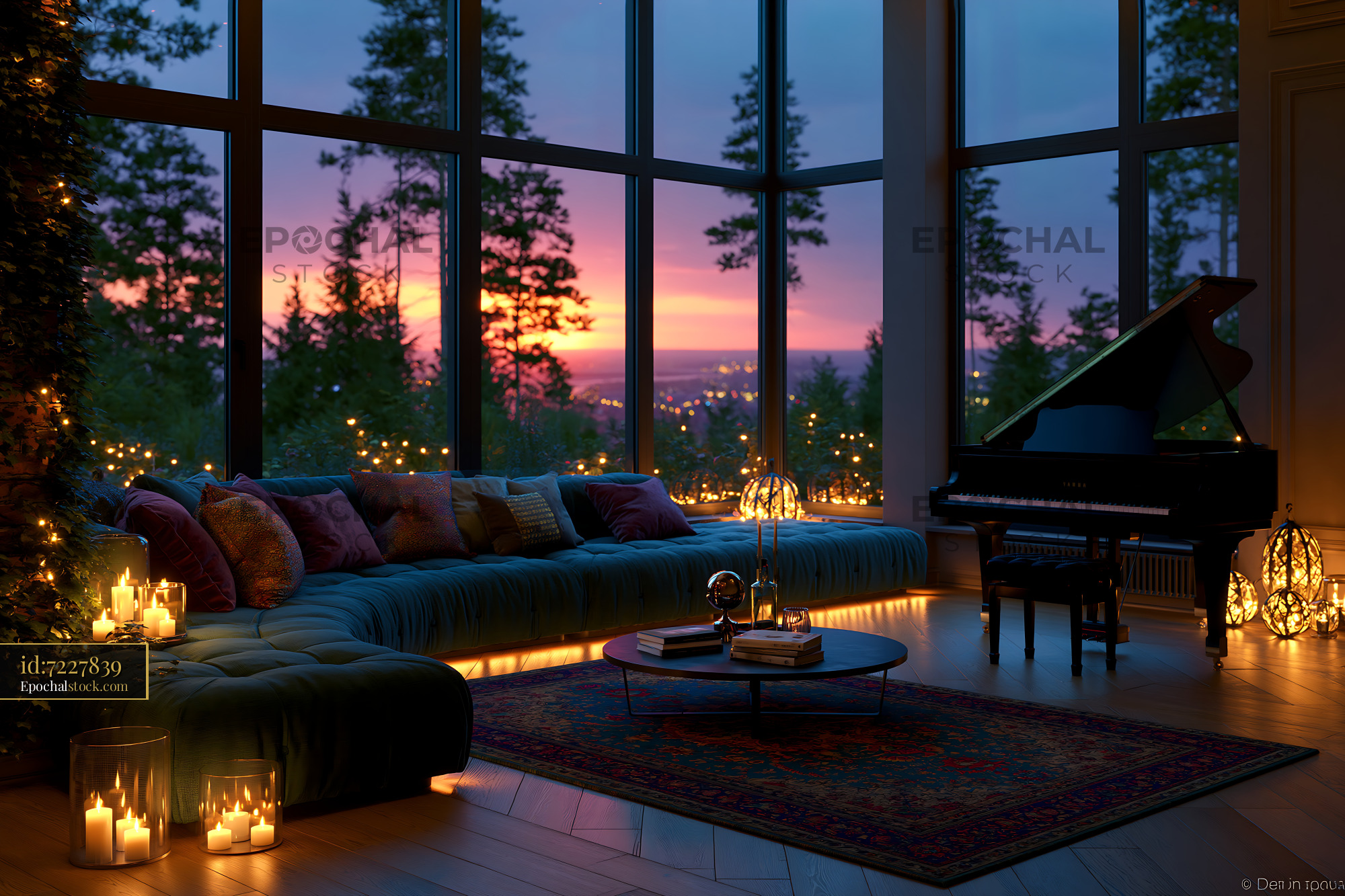 Watermarked full-resolution preview of Cozy living room with piano and sunset view outside windows