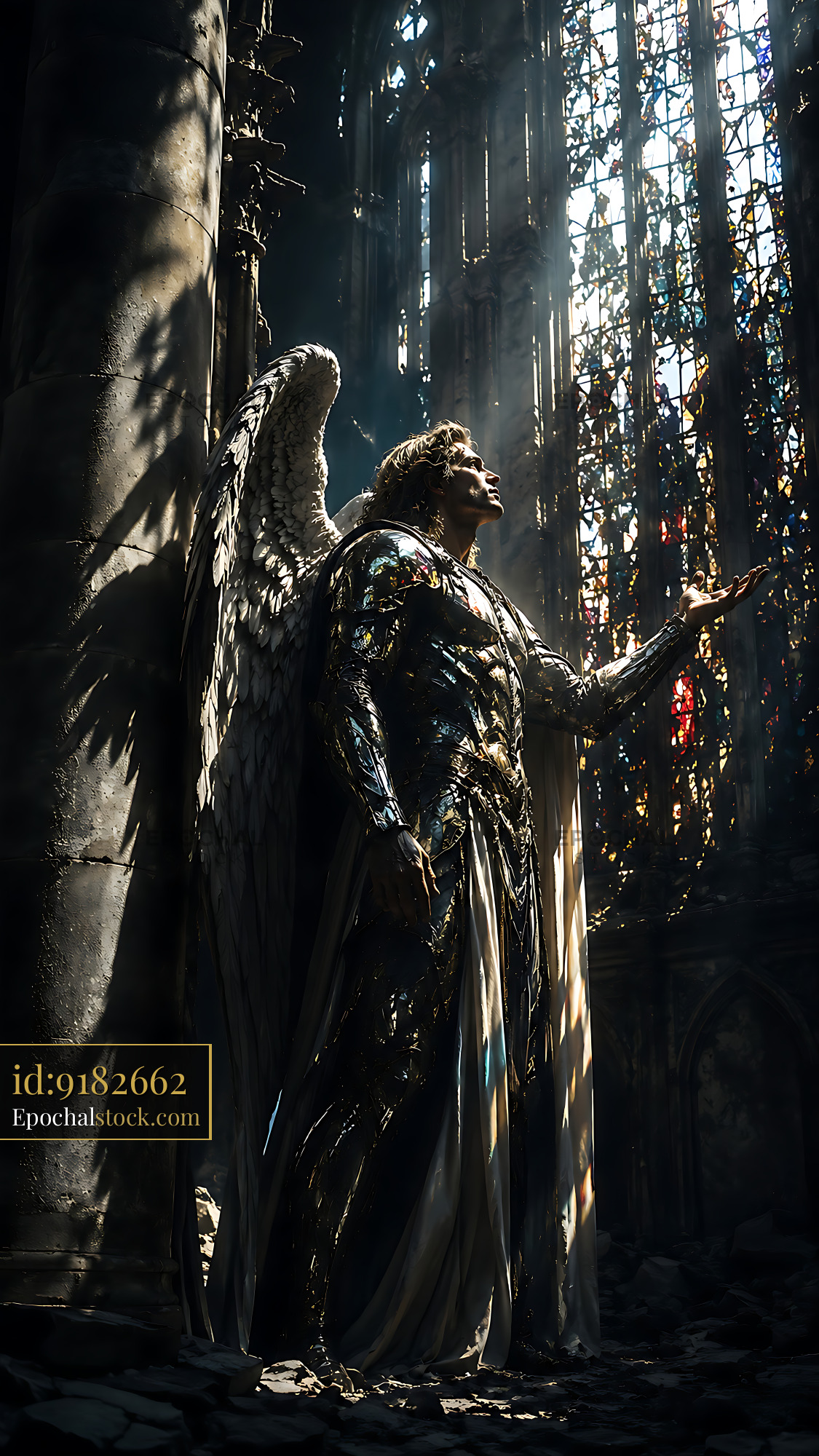 Watermarked full-resolution preview of Angelic figure in a ruined cathedral with broken stained glass