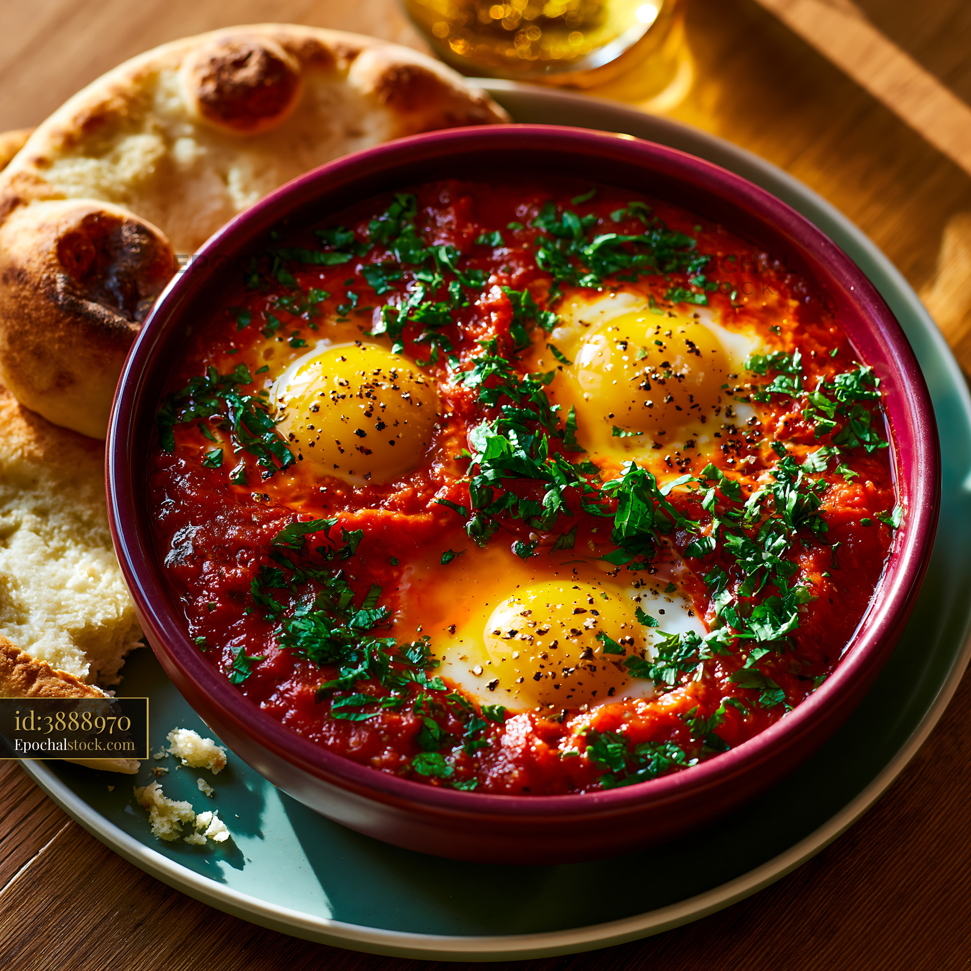 Watermarked full-resolution preview of Shakshuka with eggs and bread presented on a wooden table