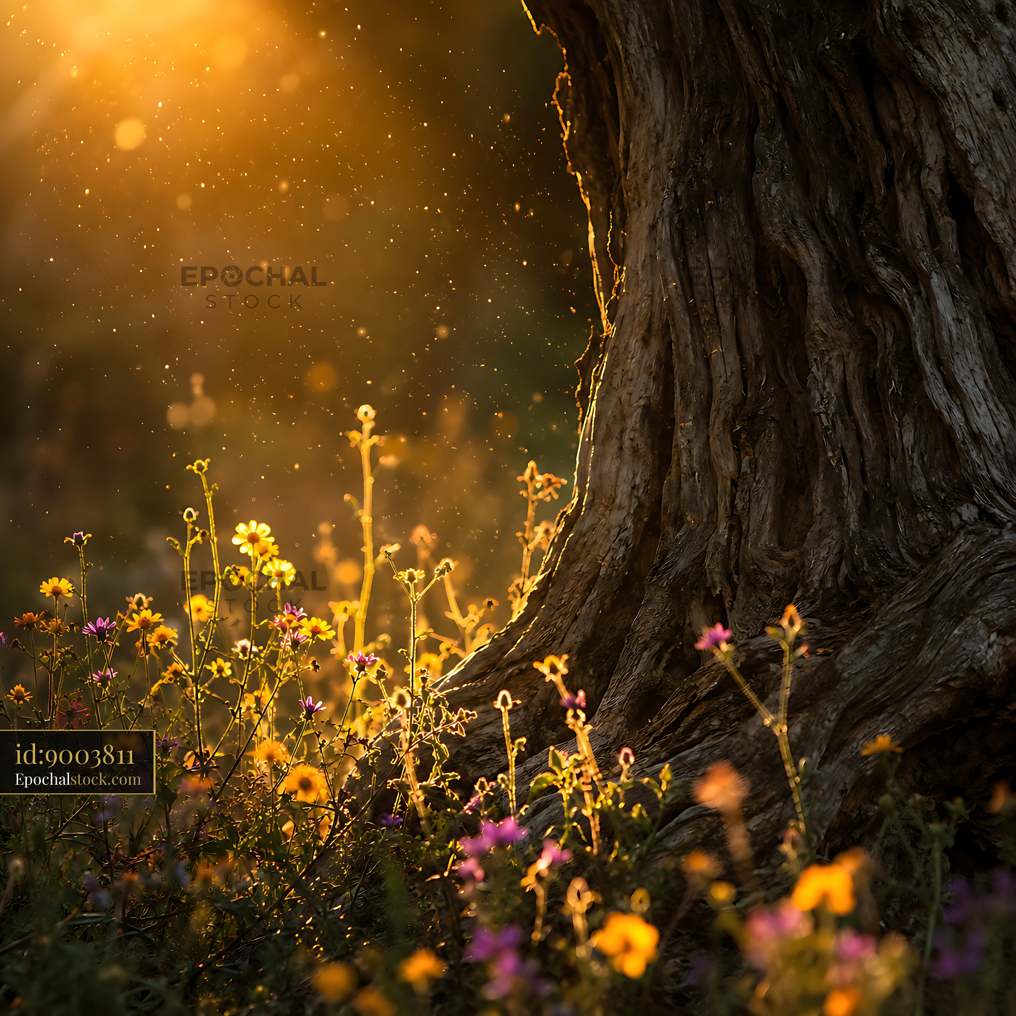 Watermarked full-resolution preview of Sunlight filtering through flowers near a tree trunk