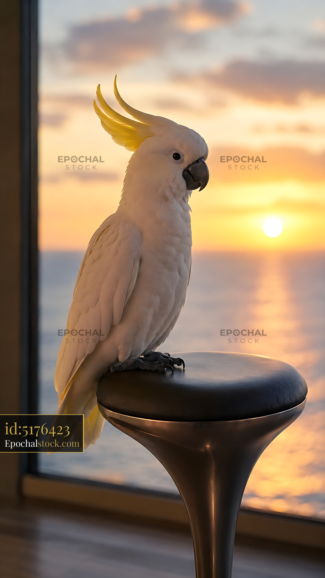 Watermarked full-resolution preview of Cockatoo perched on stool overlooking sunset at sea