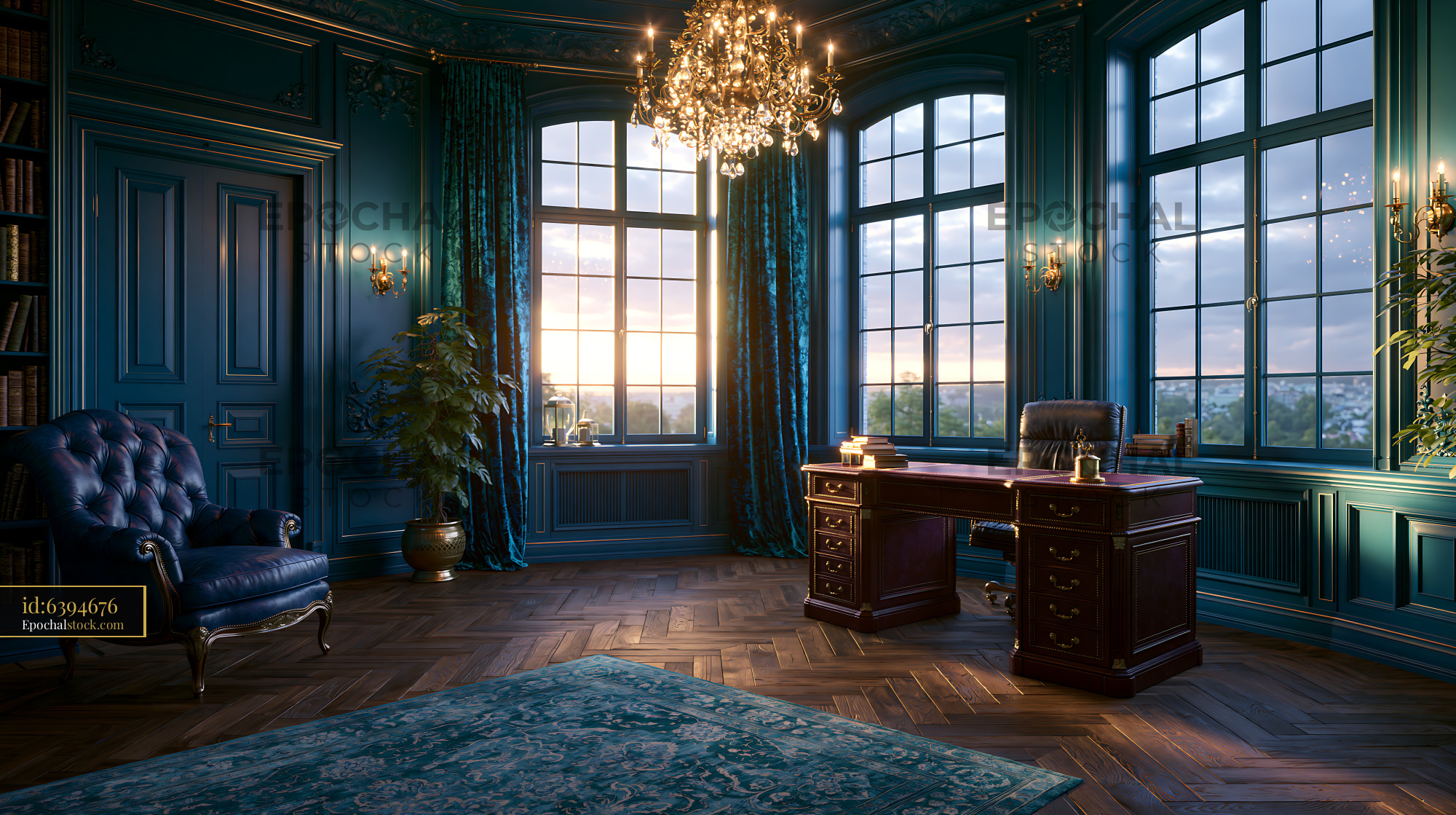 Watermarked full-resolution preview of Elegant office space with large windows and sunset view