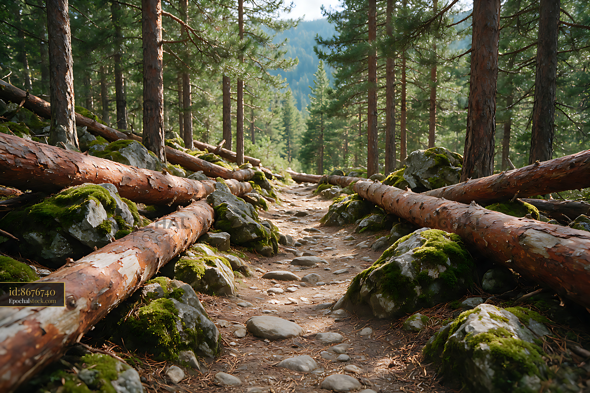 Watermarked full-resolution preview of Rocky forest trail among pine trees and fallen logs