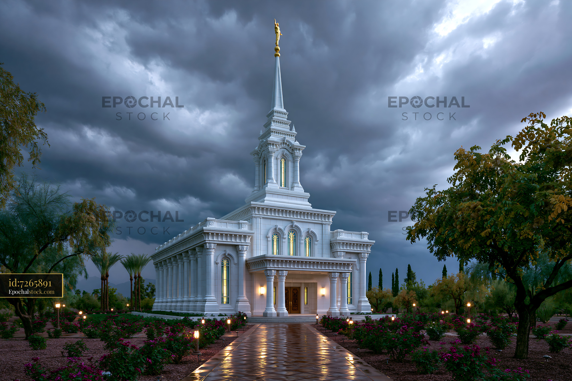 Watermarked full-resolution preview of Building stands under cloudy sky with lights in garden