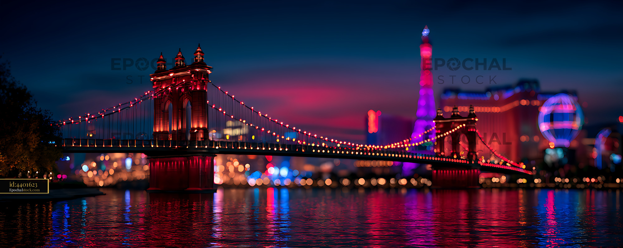 Watermarked full-resolution preview of Illuminated suspension bridge over reflective water at night