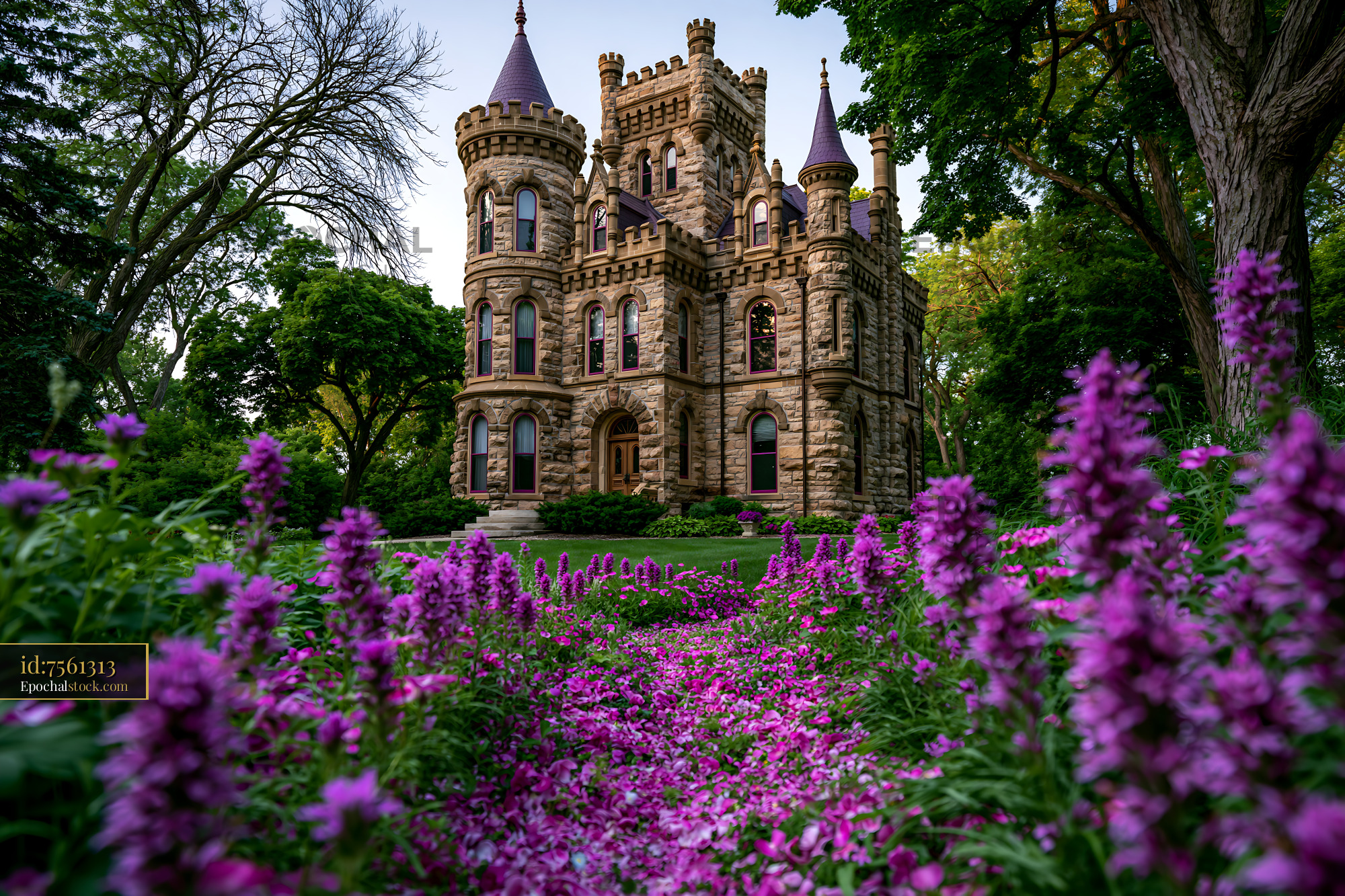 Watermarked full-resolution preview of Historic castle surrounded by flowers in a lush garden