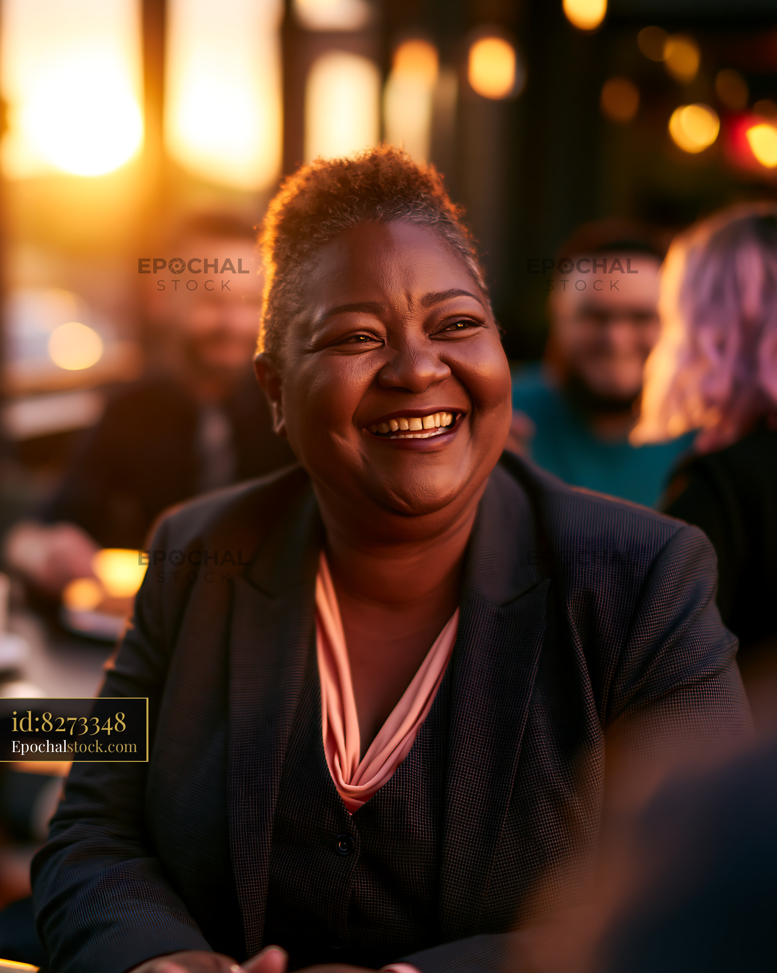 Watermarked full-resolution preview of Woman smiling in a sunset-lit cafe setting