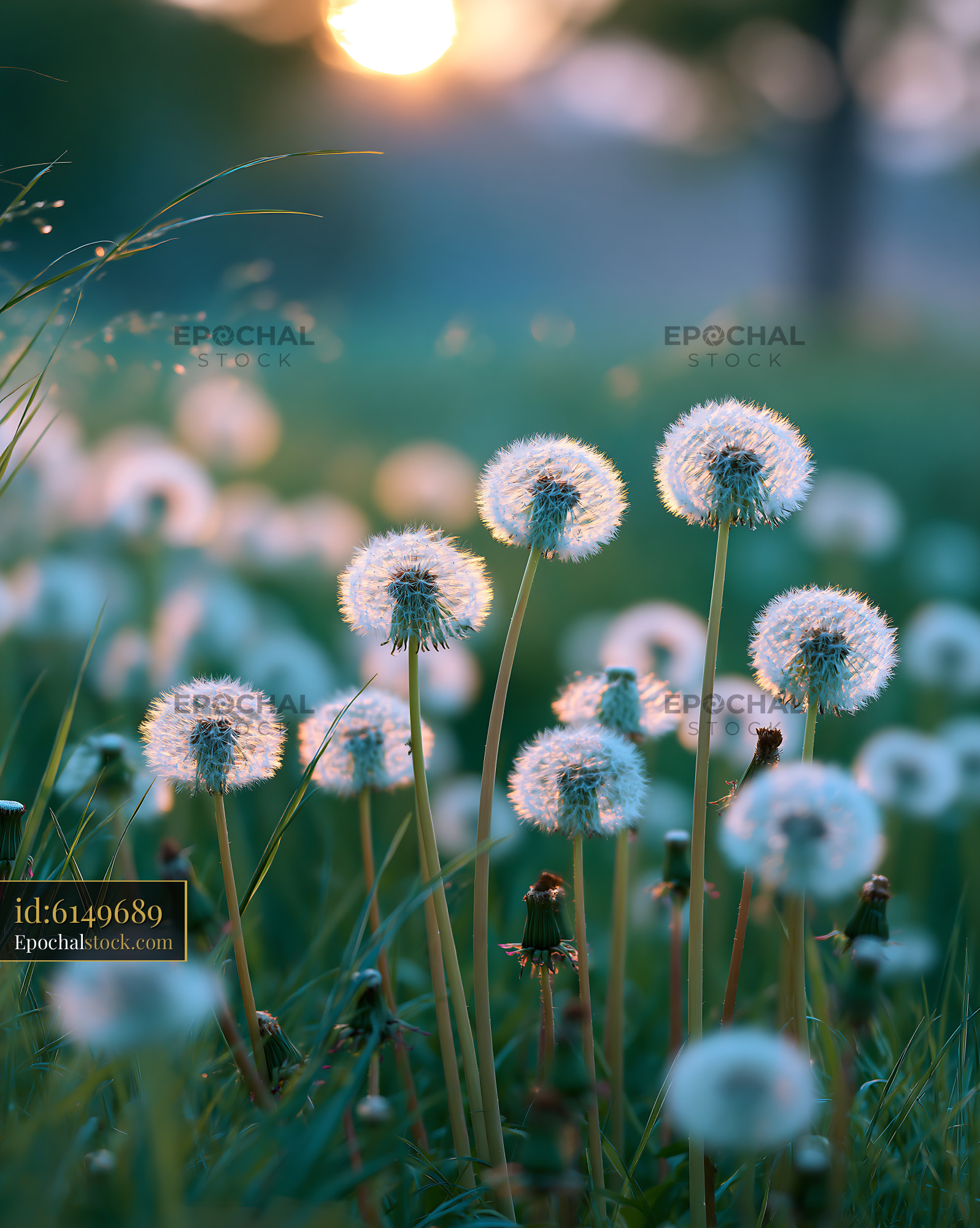 Watermarked full-resolution preview of Dandelions in sunlight during springtime evening