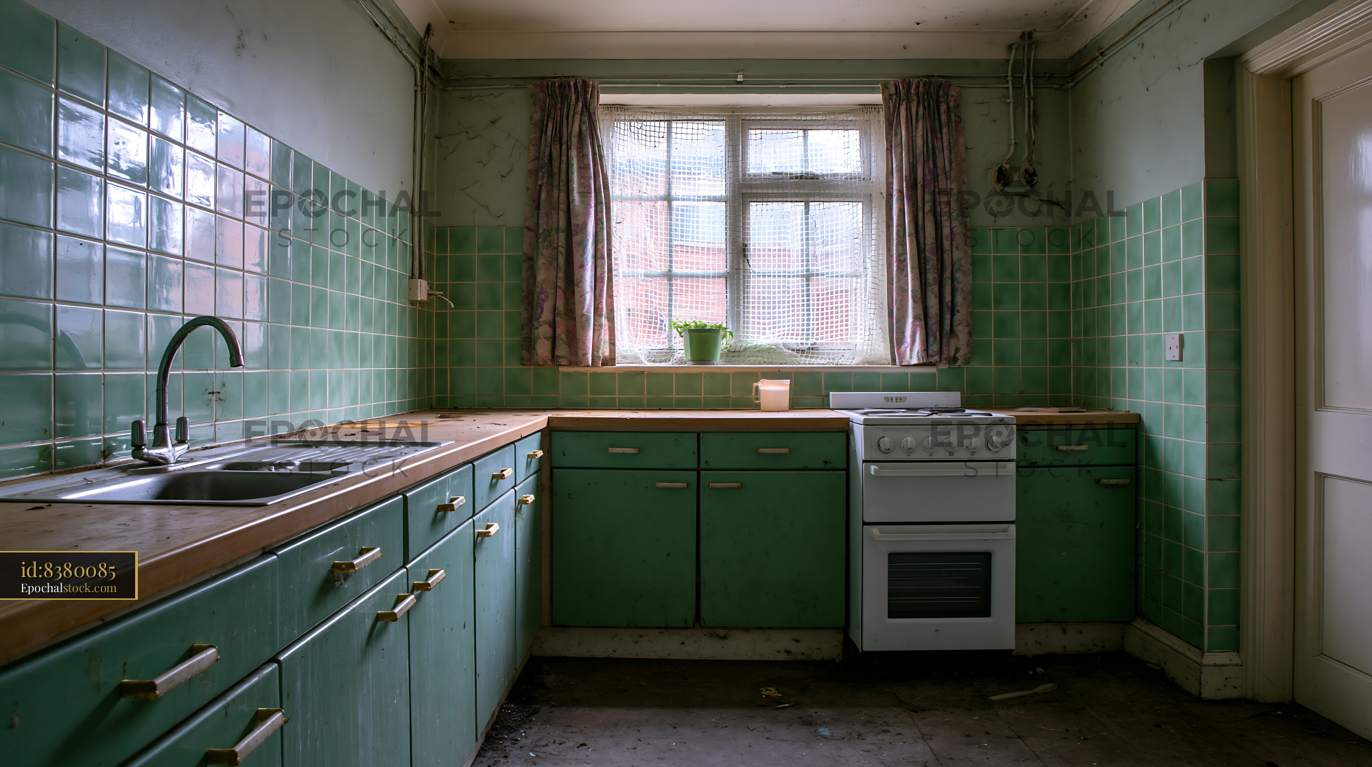 Watermarked full-resolution preview of Old kitchen with green tiles and worn surfaces