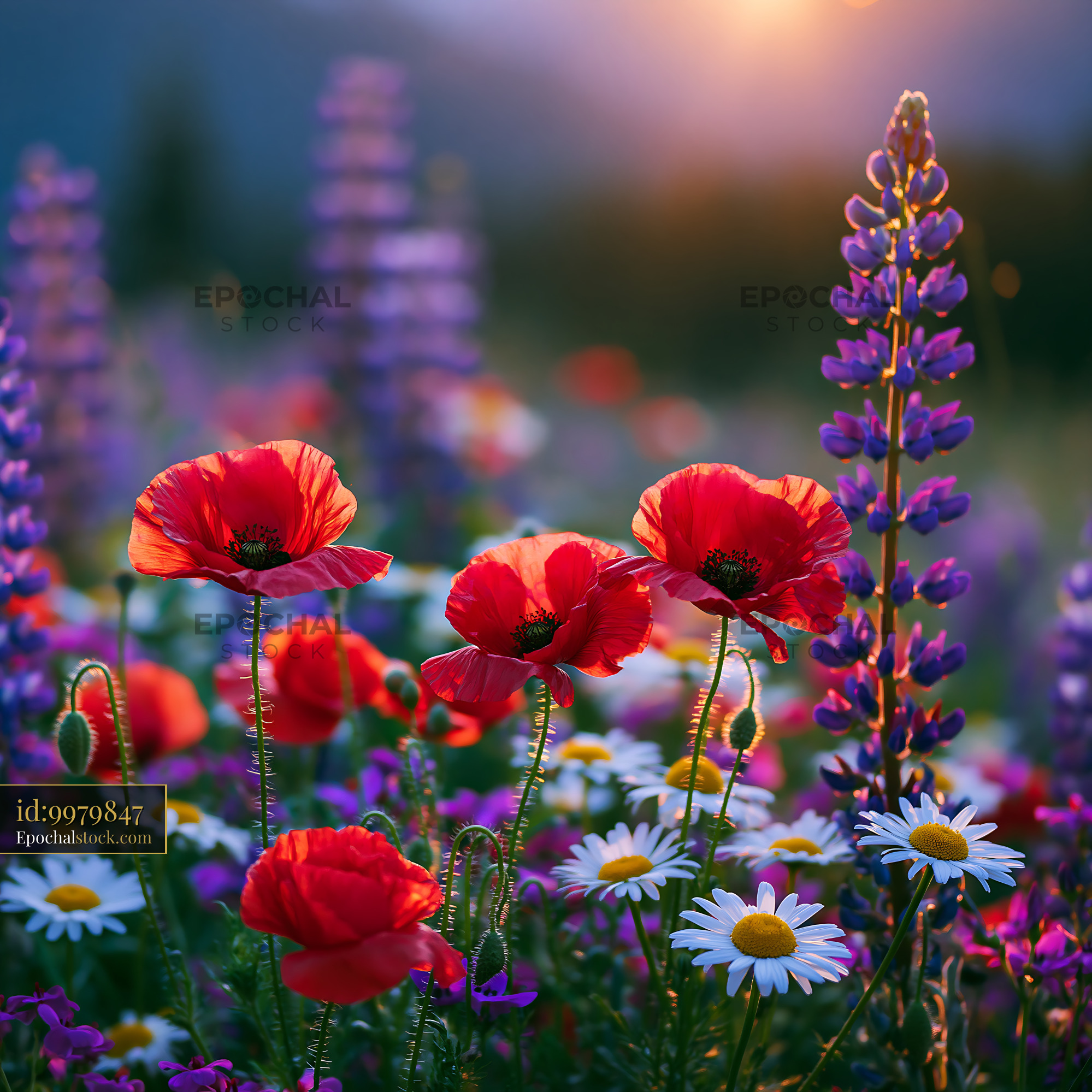 Watermarked full-resolution preview of Colorful flowers bloom in a field during sunset