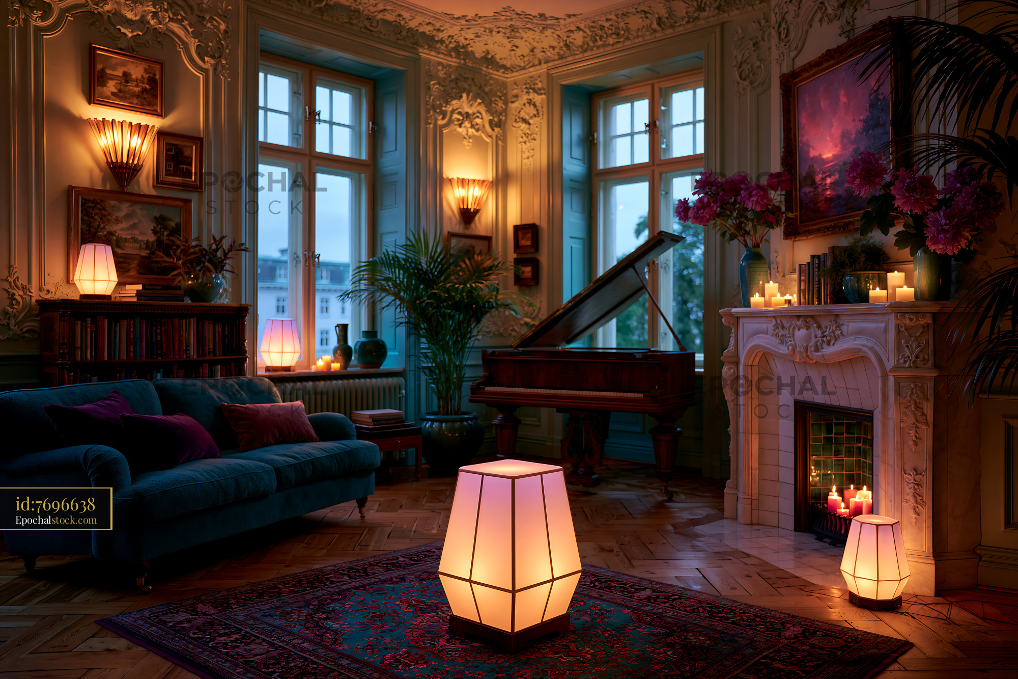 Watermarked full-resolution preview of Cozy interior with piano and warm lighting in an elegant room