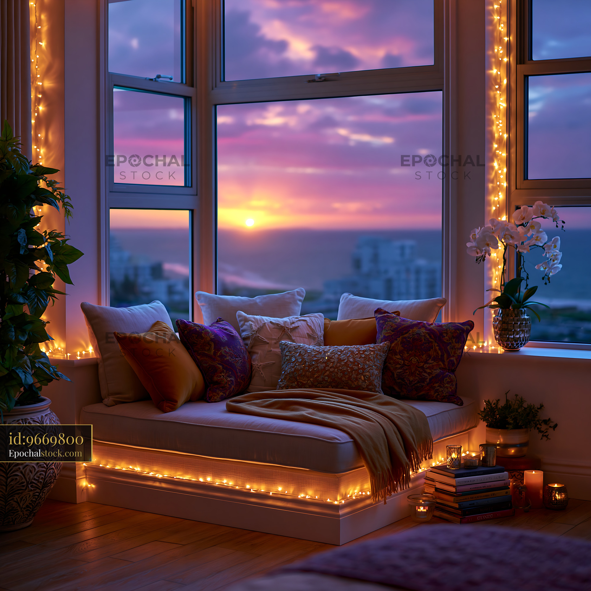 Watermarked full-resolution preview of Cozy nook with cushions and warm lights by the window at sunset