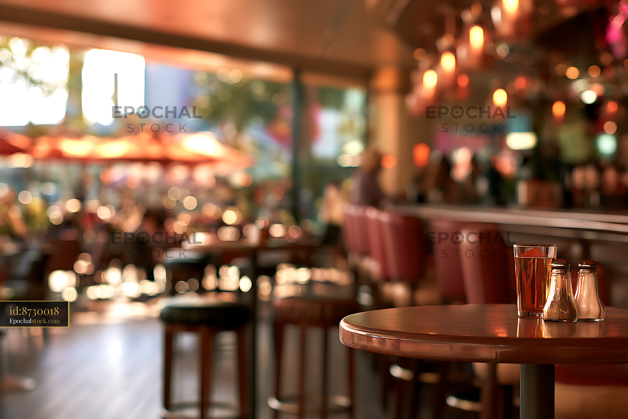 Watermarked full-resolution preview of Cozy restaurant table with atmospheric blurred background