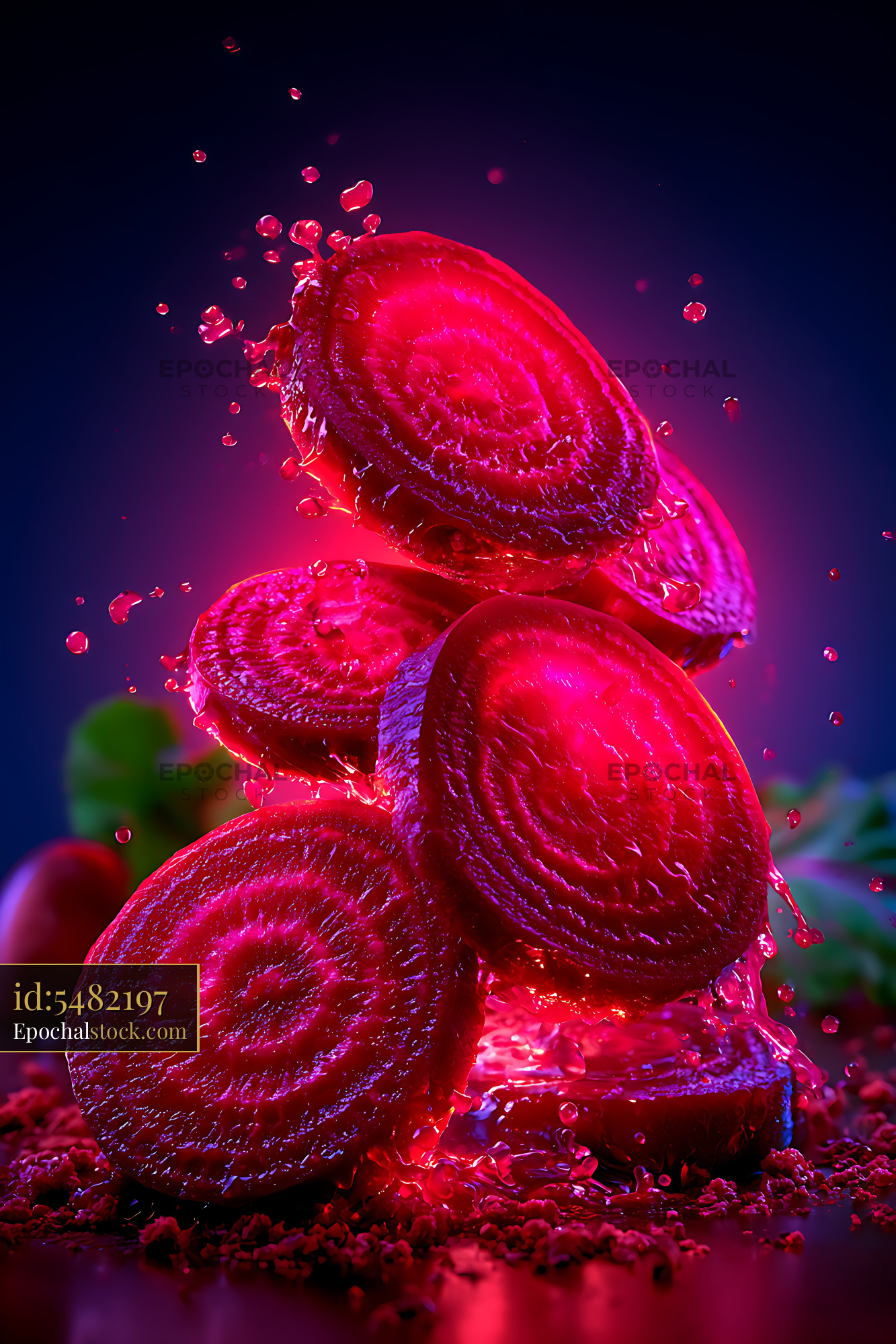 Watermarked full-resolution preview of Beetroot slices with water droplets on dark background