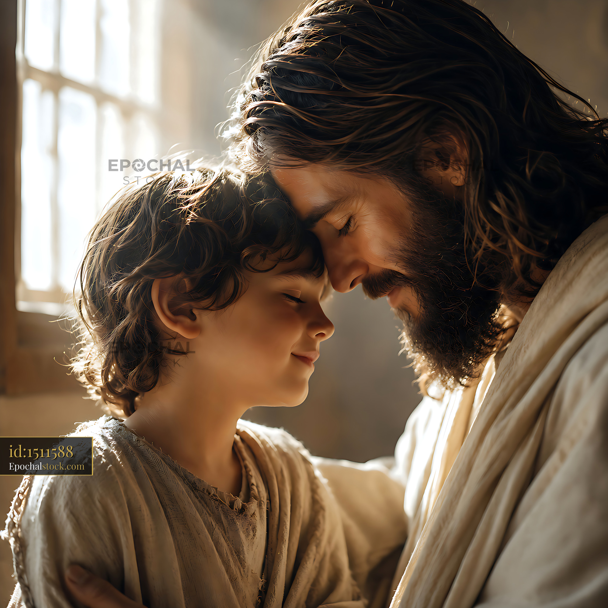 Watermarked full-resolution preview of Father and son share a moment in a sunlit room