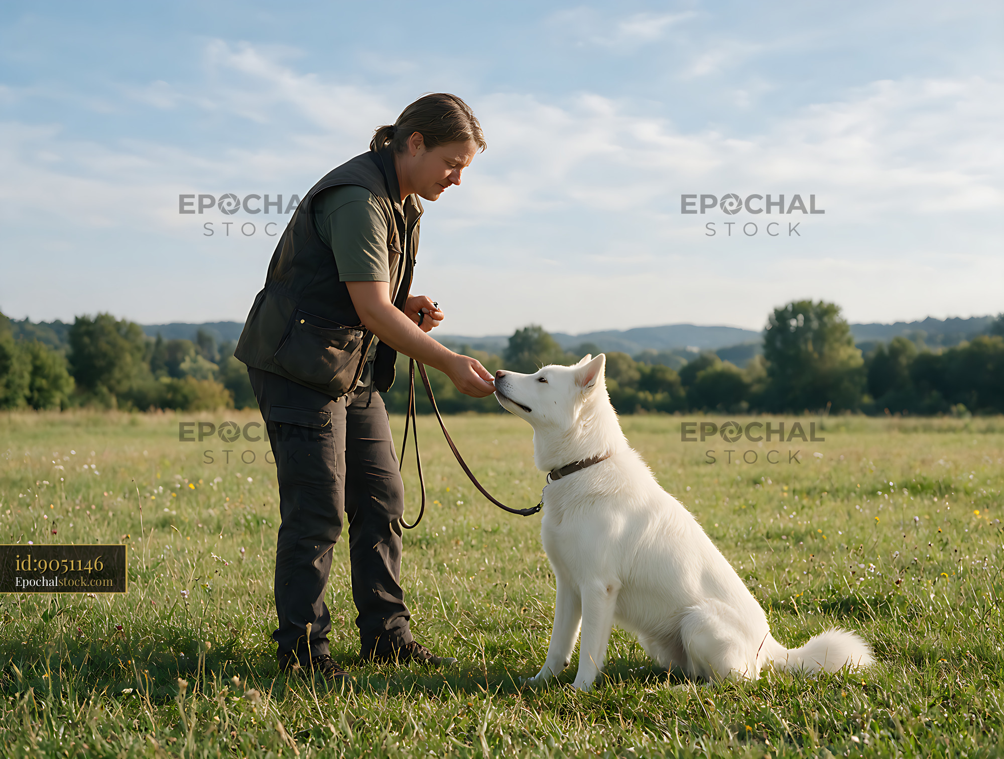 Watermarked full-resolution preview of Handler with white dog in open grassy countryside