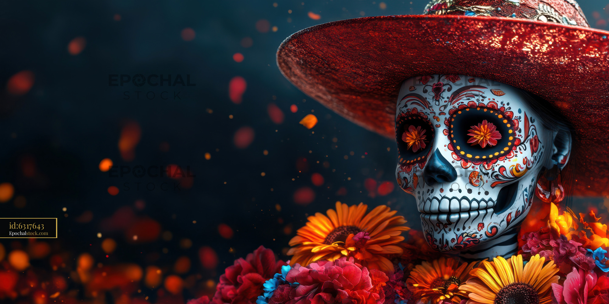 Watermarked full-resolution preview of Colorful skull figure decorated for a festival celebration