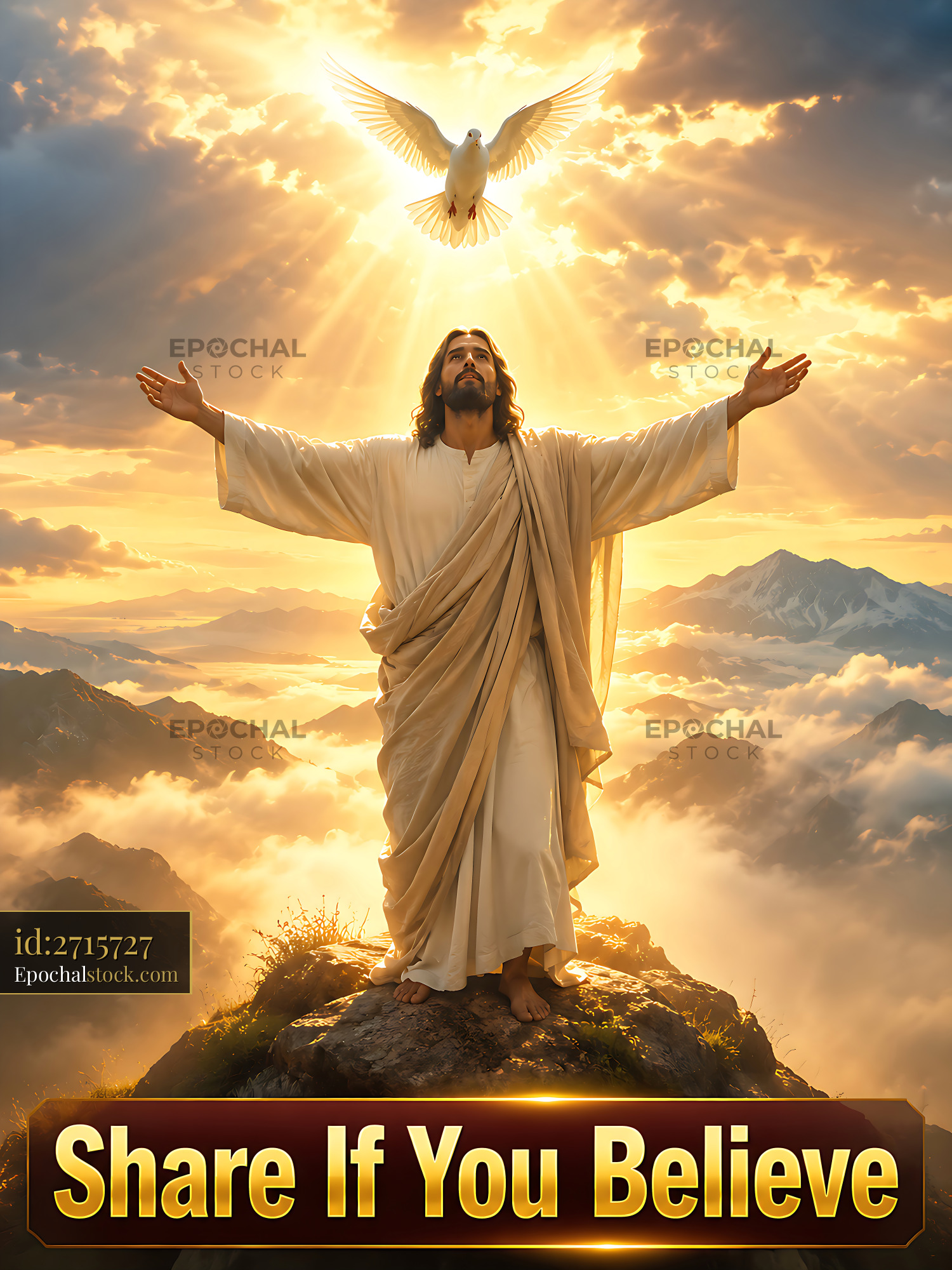 Watermarked full-resolution preview of Jesus standing on a mountain with a dove in the sky